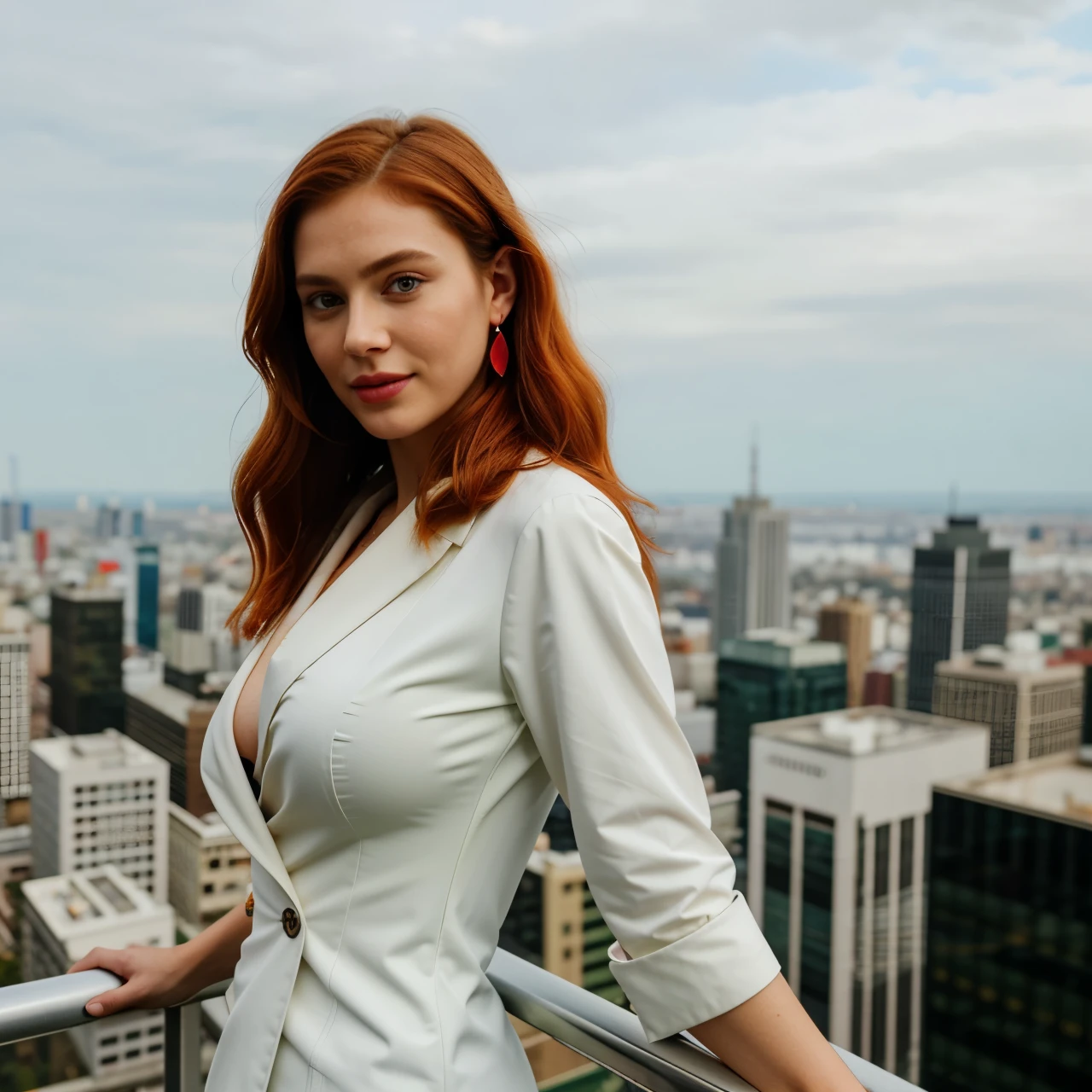 A candid shot of a young goddess and seductive influencer, 27 years old, height 160 cm, with a sensual style and beauty, (medium large breast:1.1), (green eyes), (fake smile:1.1) (red hair) (Wavy hair:1.1), perfect ass, thin-waisted, bdsm. Wearing a Structured blazer and pantsuit in neutral colors with a soft curved glasses, feather earrings. Captured in a panoramic view of the city from a skyscraper (semi blurred bokeh effect background). Iphone 14 pro max triple front camera, light and shadows, still raw, ((best quality)), ((masterpiece)), photorealistic, (detailed), ((lora:GoodHands-beta2:0.8))