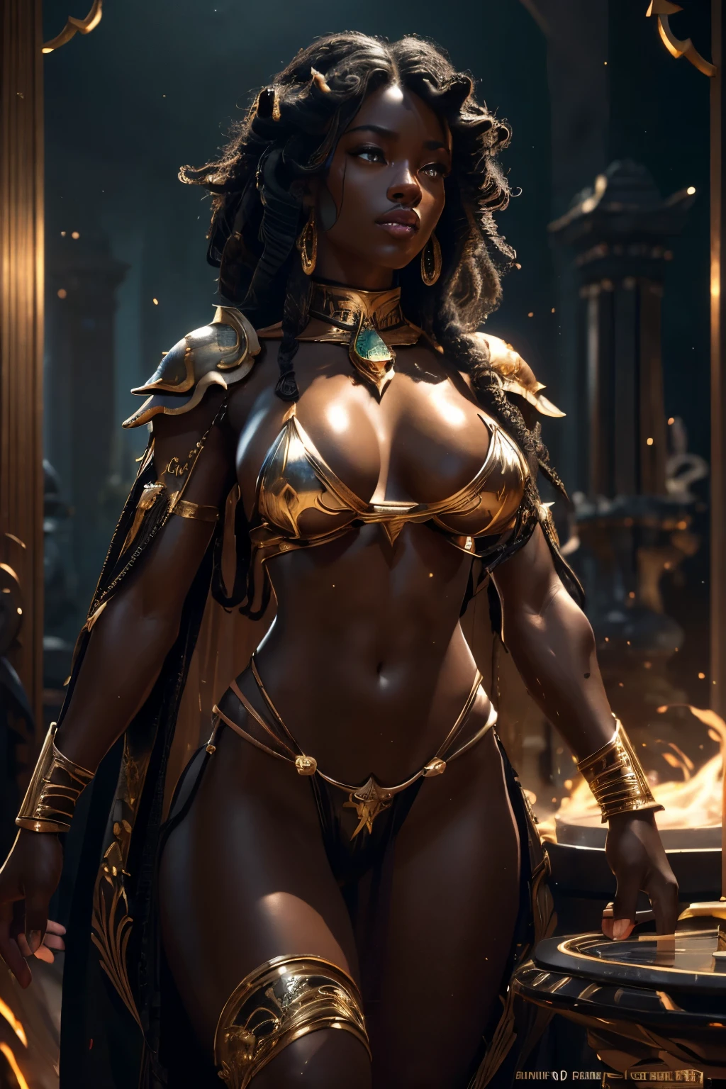 Beautiful Alluring fantasy african warrior, white curly hair, black skin, obsidian skin, Bare Skin, gold ornaments, armor bikini, chain bikini armor, Athletic Well Toned Body, Elegant Form, Bare Skin, at volcano, Barely Clothed, cleavage, Beautiful Face, Ominous Gothic Theme, fantasy theme, Fiverr Dnd Character, Octane Render, Digital Art, Extreme Detail, 4k, Ultra Hd, Polished, Beautiful, Hyperdetailed, Intricate, Elaborate, Meticulous, Photorealistic, Sharp Focus, Wlop, Character Design, Unreal Engine, 3d Rendered, Volumetric Lighting, Reflections, Glossy, Digital Illustration, Pose, Suggestive Pose, Lewd, Full Body Shot, anatomically correct 💖❤💕💋❣