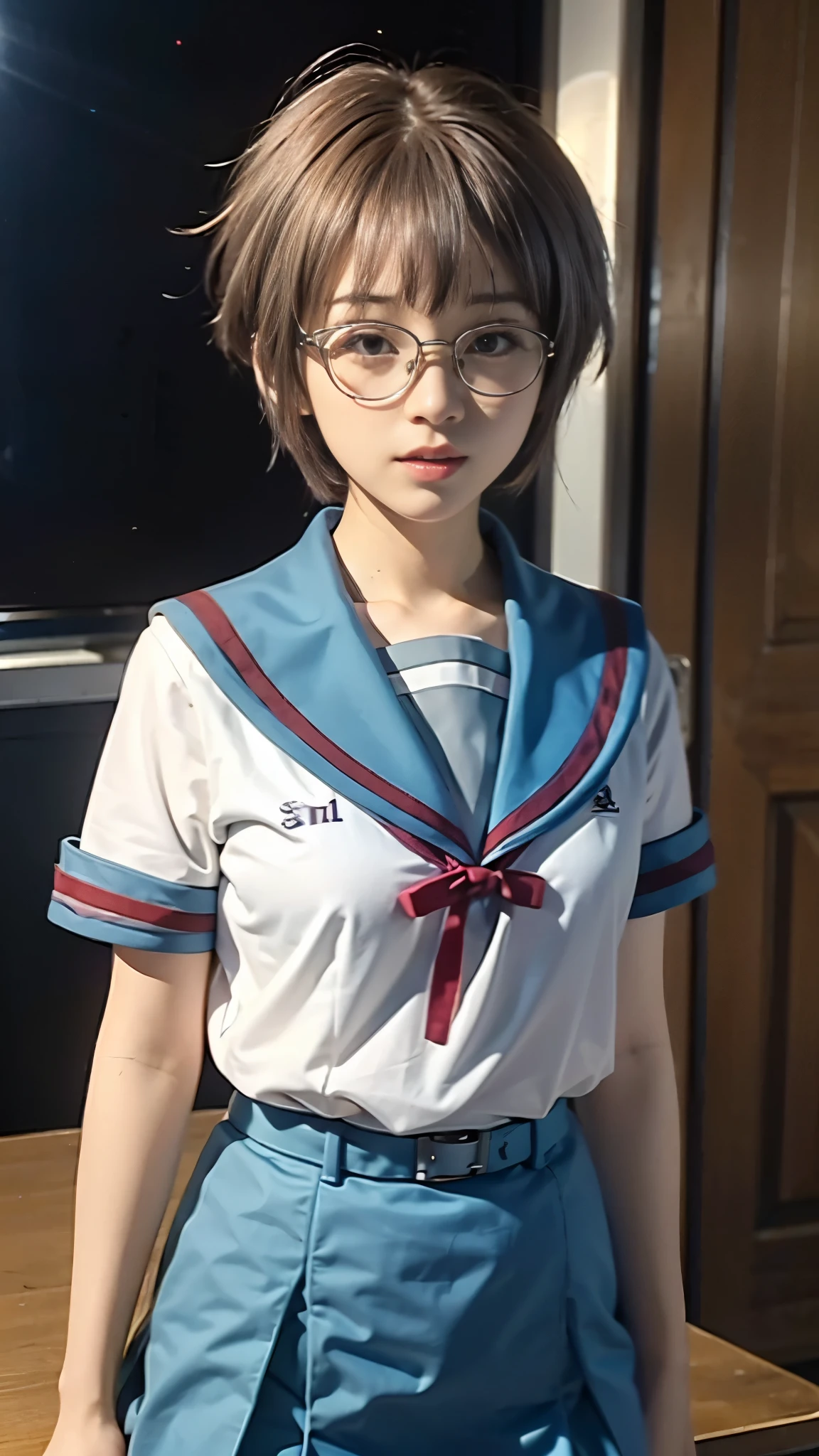 (table top, highest quality:1.2), 8k, official art, RAW photo,glasses、  (whole body, sailor suit,:1.4), beautiful girl, idol face, pleated skirt, school uniform,  big breasts　short sleeve,  cinematic lighting, detailed face, background bokeh, 1 girl