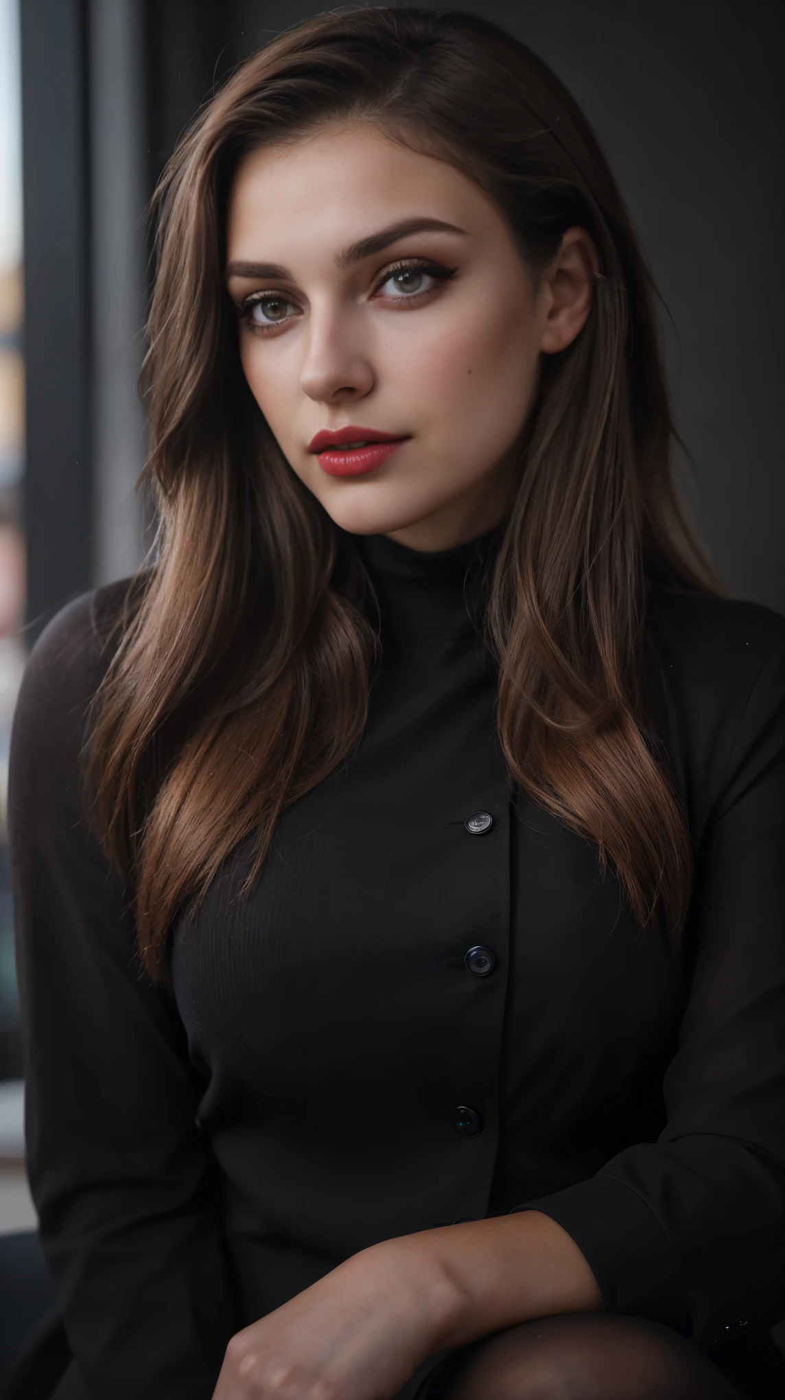 Blond dark brown hair, photo realistic, (RAW photo), (realism: 1.8), (gloss red lipstick, many eyelashes, dark black eye shadow, very confident, anchor of show, high quality, high resolution, chromatic aberration, caustic, wide light, realistic dark fair glossy skin, deep skin texture, skin detailing, (21 year old woman), stylish girl, big chest, professional suit, lots of exposure, nice pose, visible 8k resolutions,