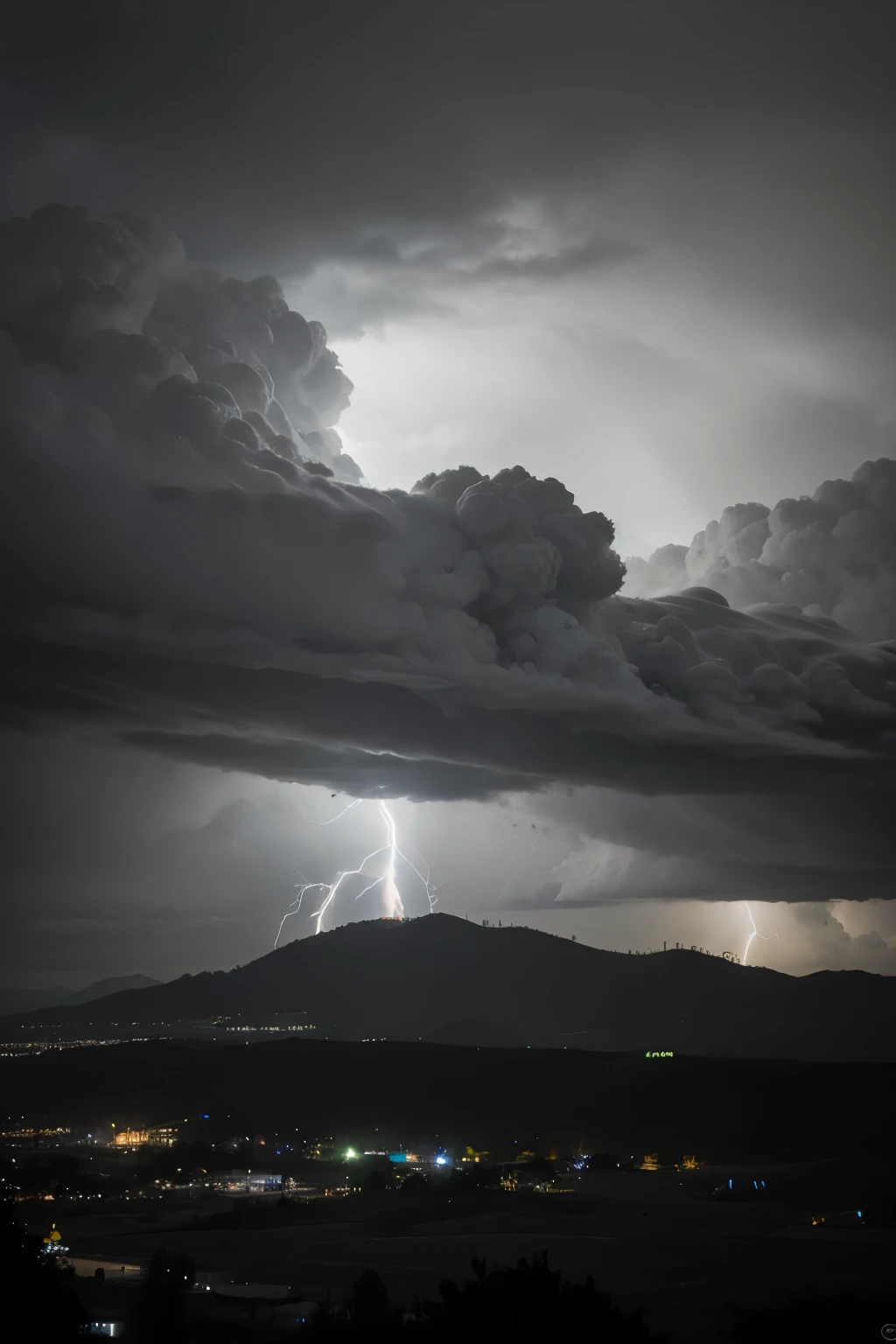 Monte alto (sinai) surrounded by black and white clouds at its peak and electric lightning that flashes from the same clouds and the sky, al rededor de este monte solo hay naturaleza, nada urbano. Todo esto a full color