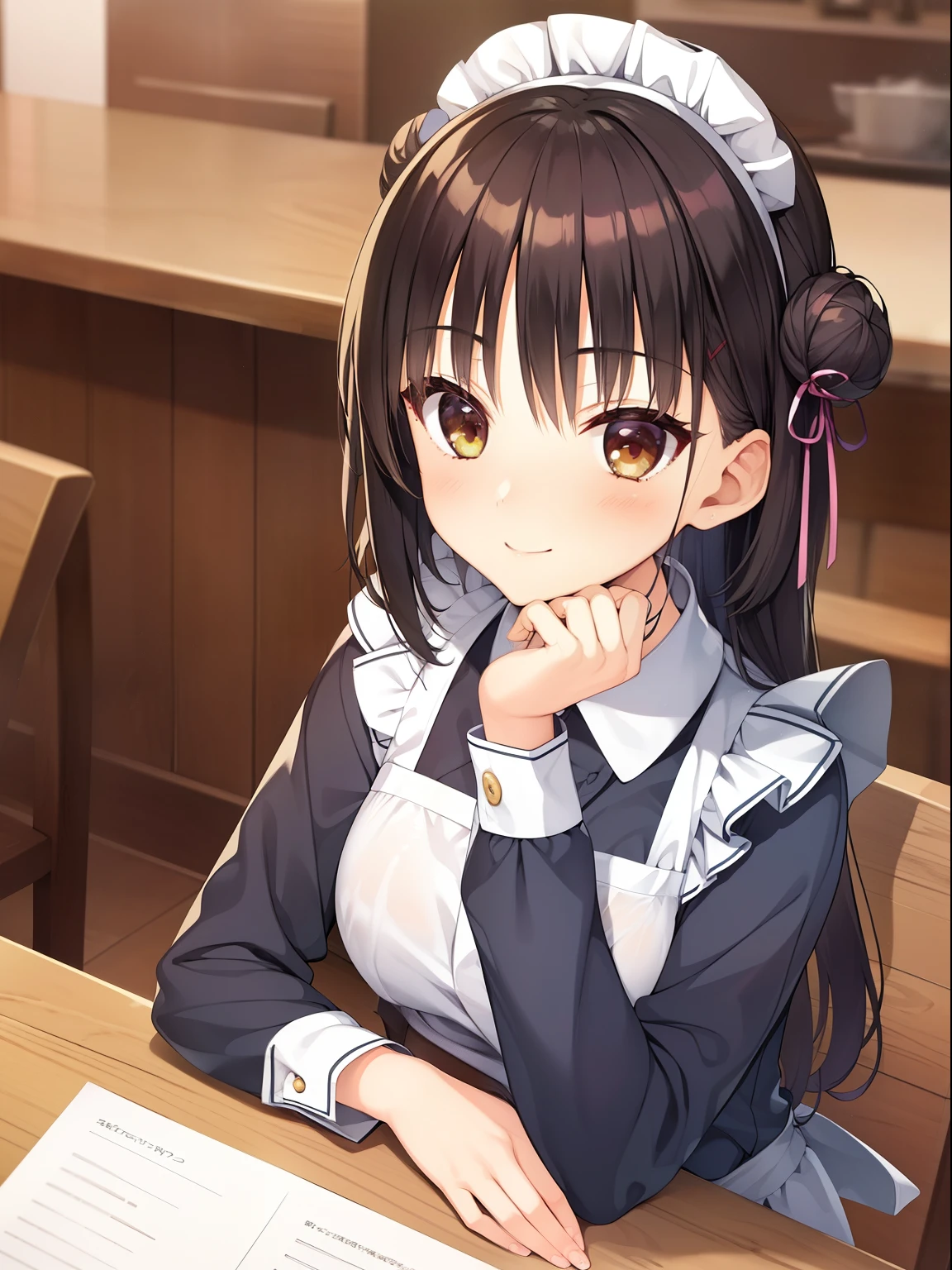 (highest quality, High resolution, perfect pixel, Depth of the bounds written, 4k, beautiful anime girl),  
looking at the viewer, 
perfect body,  
sntm, 1girl, alternate hairstyle, Single bun, bun cover, sidelocks, 

blush all over the face, smile, 
large breast, 
maid, 
in cafe, 