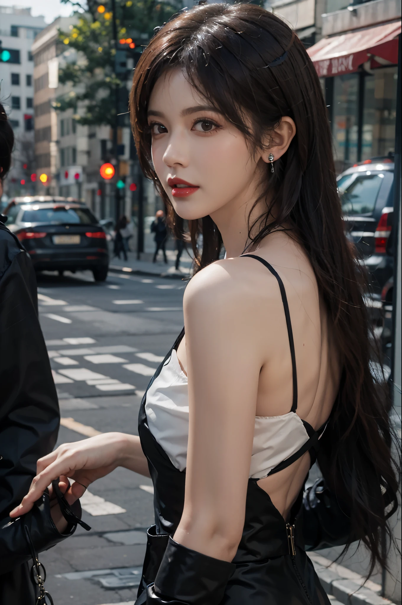 1girl, solo, long hair, looking at viewer, brown hair, black hair, brown eyes, jewelry, earrings, parted lips, red lips