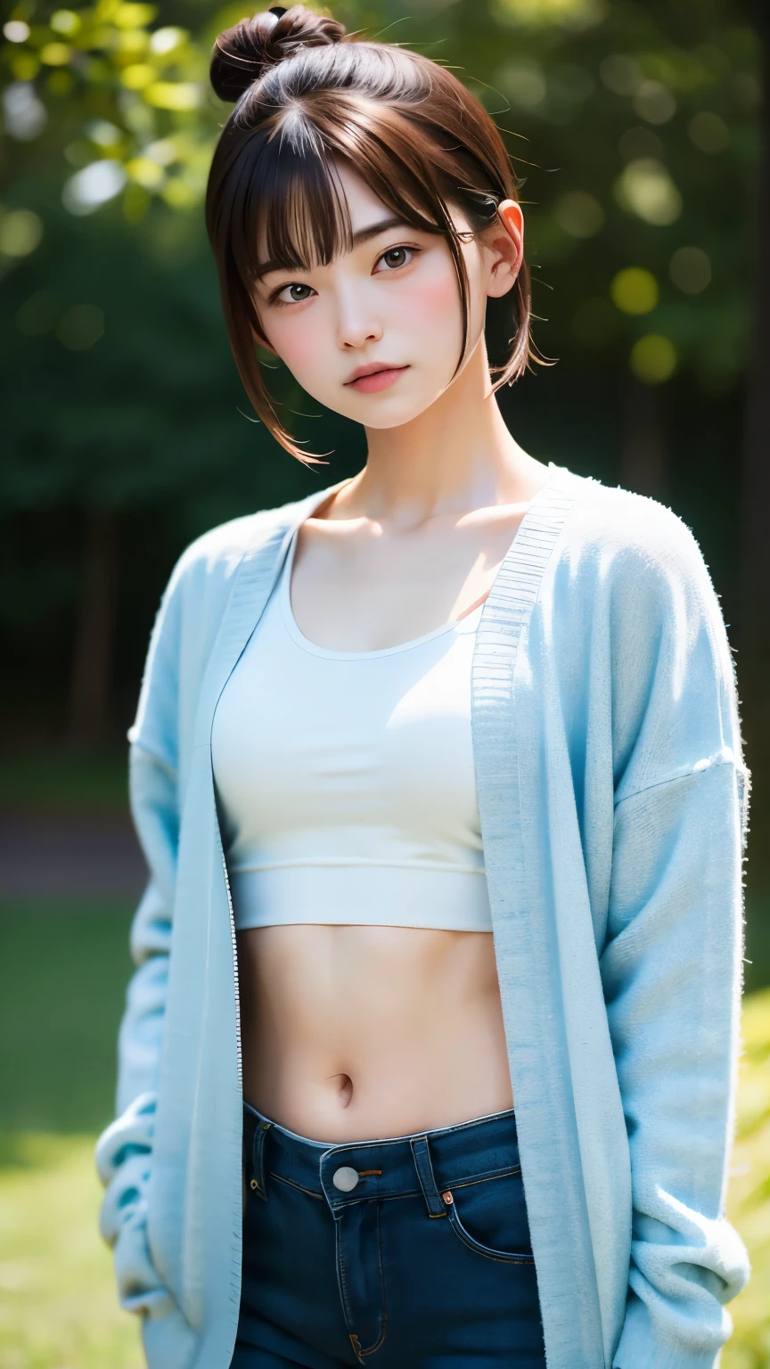 Highly detailed CG Unity 8k wallpaper、highest quality、Ultra-detailed、masterpiece、Studio shot、Soft Focus、Soft atmosphere、Realistic、Photo realistic、Small breasts、Highly detailed cute girl、solo、18-year-old、Japanese-like facial expression, Brown Hair、length、Small breasts、
(White Plain Bra:1.2), (Blue Adidas Tracksuit 1.3), School classroom in the background、Out of focus、Blur、