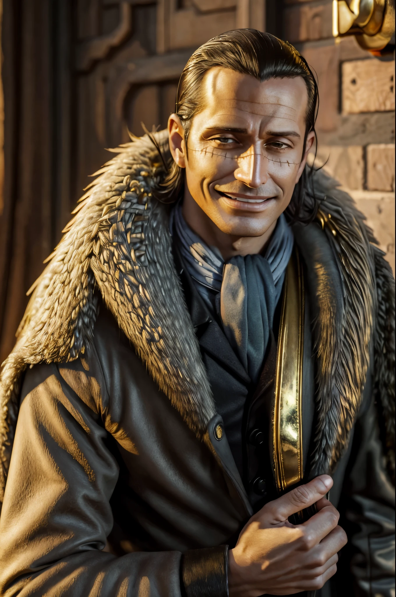 masterpiece, best quality, extremely detailed, hyperrealistic, photorealistic, a cool 40s man, ultra detailed face:1.1, fur-trimmed coat, scarf around the neck, his left hand is a golden pirate hook:1.1, sly smile, royal palace
