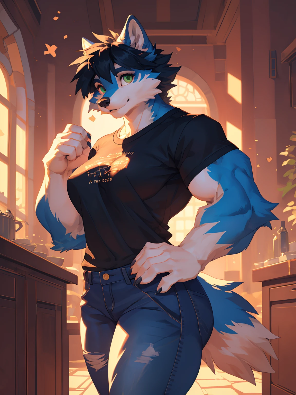 Solo, male, fox, grey fur, grey body, yellow eyes, detailed eyes, detailed hands, brown hair, medium hair, messy hair, short, slim, weak, unathletic, bony, stinky, smelly, sweaty, sweat, steam, steamy, dirty white shirt, ripped black jeans, by glitter trap boy, by darkgem, (by chunie), bulge, smirking, evil expression, licking lips, rape face