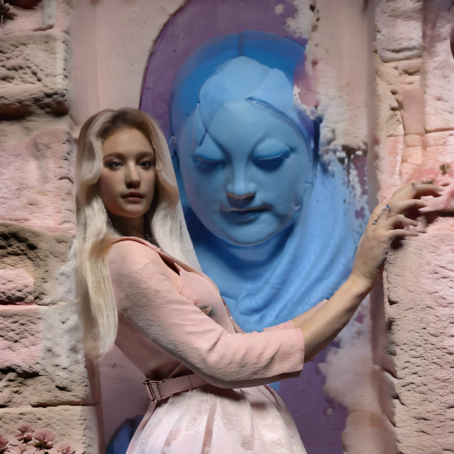Arafed woman in a pink dress standing next to a blue statue - SeaArt AI