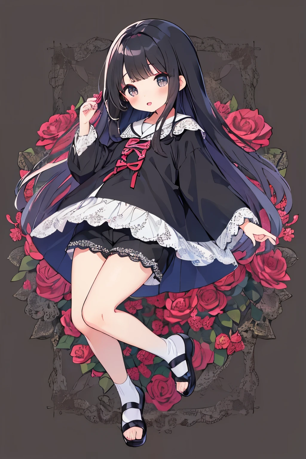 highest quality、masterpiece、full body figure、(anime style)、absurd、High resolution、beautiful background、black hair、straight hair、long hair、()、(可愛いpetiteな***、、12 year old girl:1.5)、(lace culotte shorts:1.5)、Mature look、smile