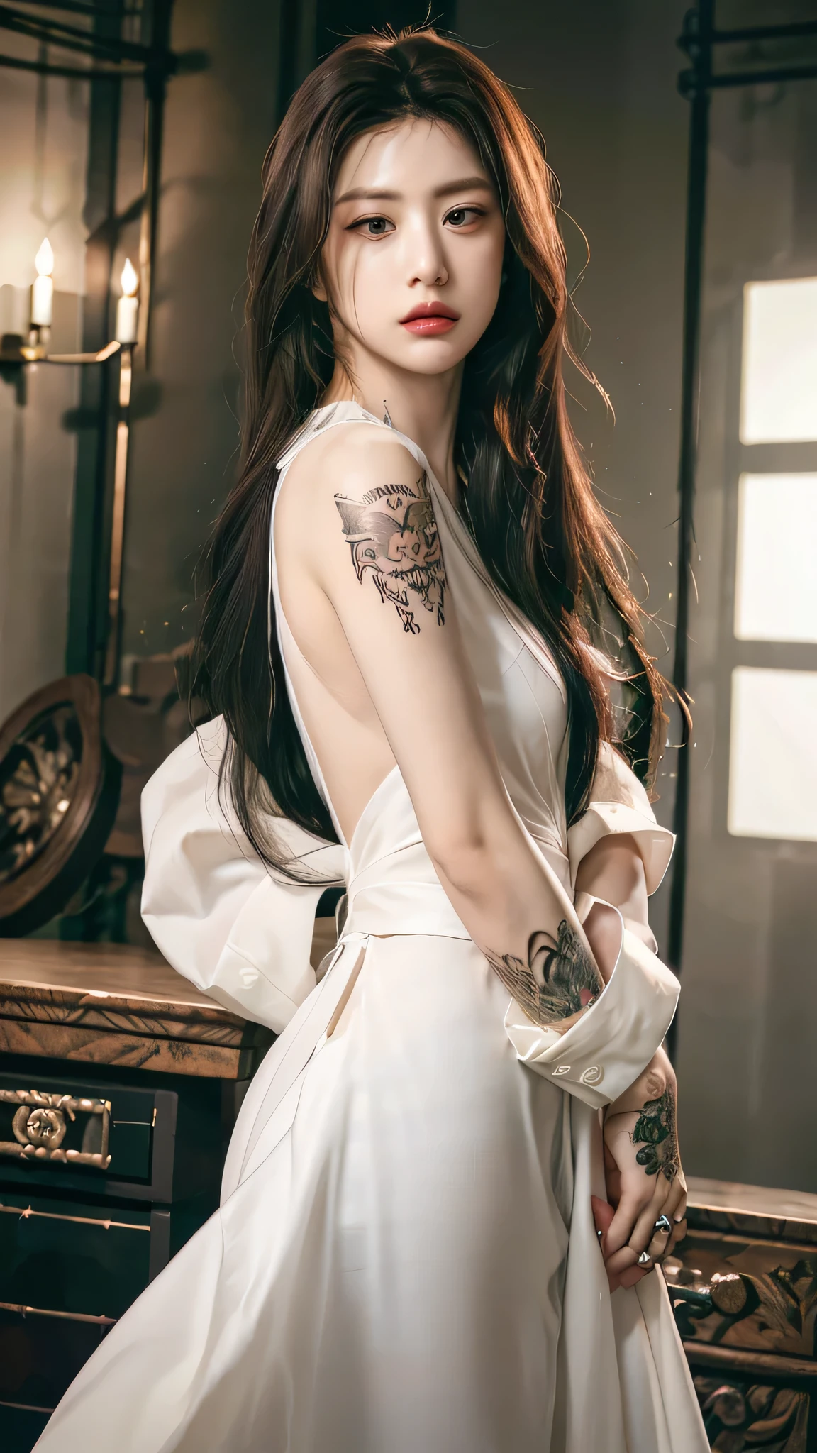 Tattoo girl, Very beautiful, super long hairstyle, messy hair, killing intent, Handsome man, betrayal, irate, Dark background, 8K, Dynamic Wallpapers, Very delicate, Very dense, dinamic pose, dinamic style, masterpiece, gangsta, mafia, tatto body, mafia tatto, beautiful, ethernal beautiful, beauty mafia, boss, blood, in the mafia headquarter, blood dress, a lot tatto, perfect face, seductive pose, sexy mafia