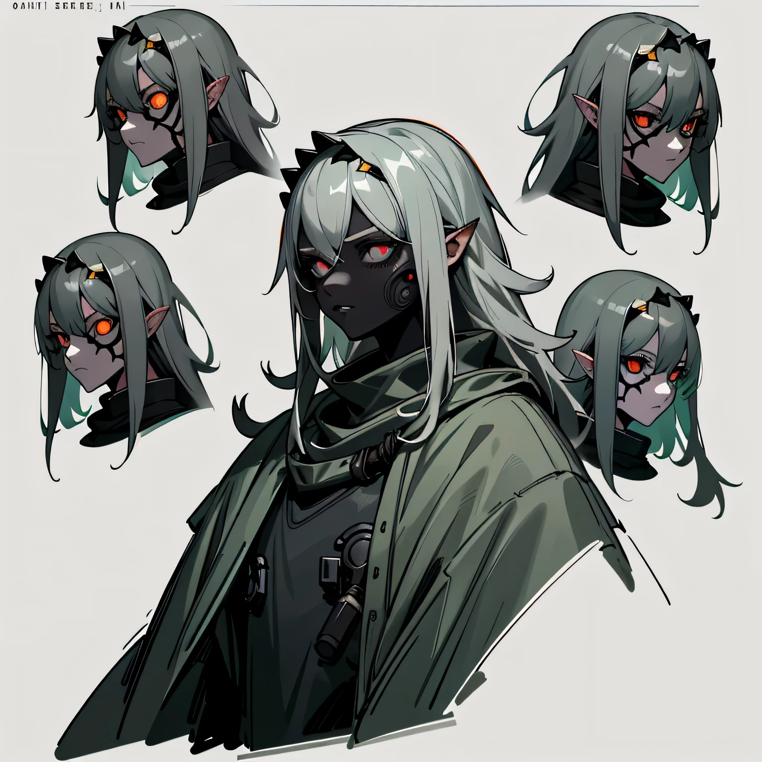 Character sheet list, concept art, (multiple poses and expressions), knee length portrait, mechanical girl, black eyes, black sclera, (dark black gray sclera), ashen skin, gray skin, sharp helmet, gray hair, (long messy hair), dark modernistic landscapes, pale green and gray steel lights, highly detailed art, many details