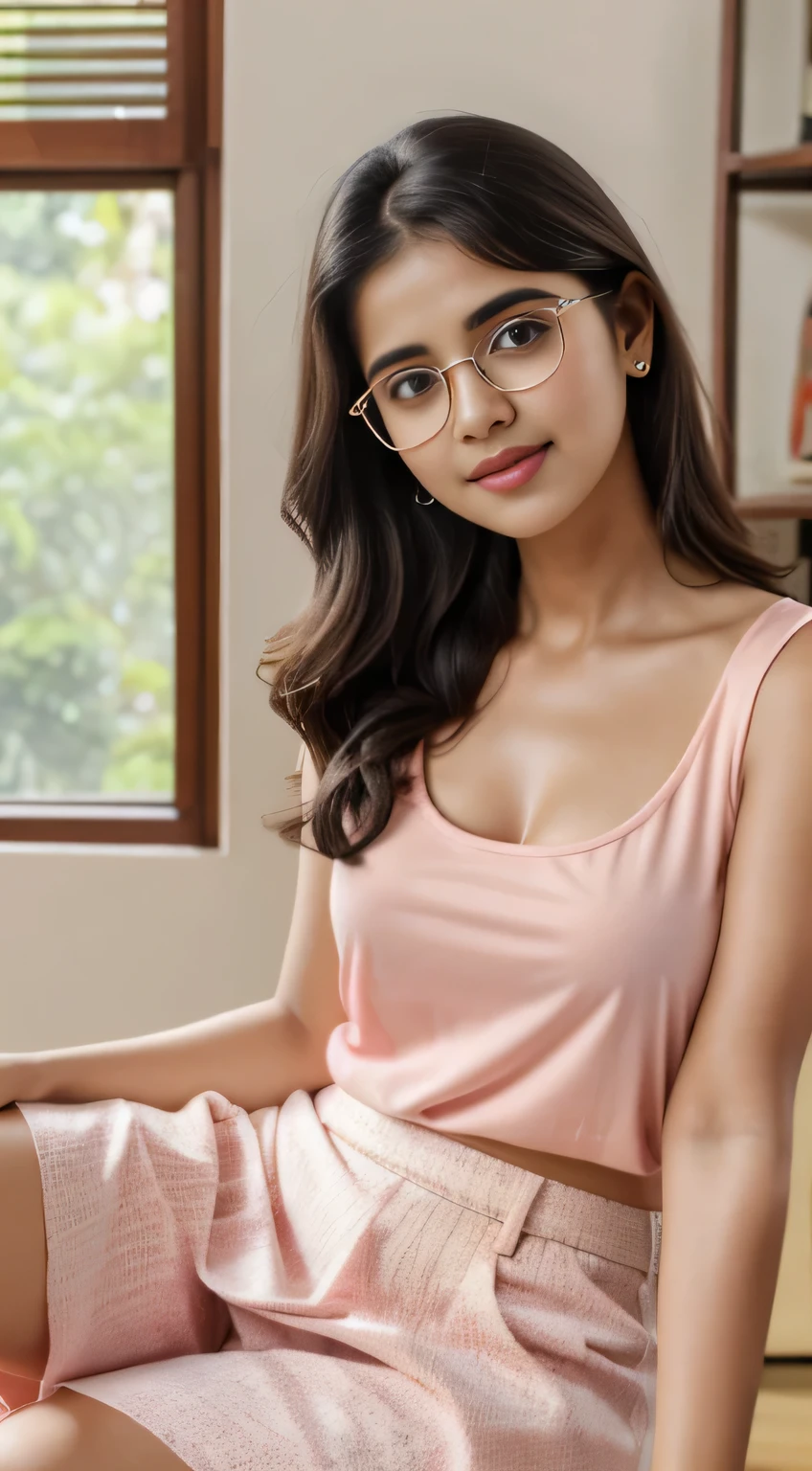 (iu:0.8),cleavage, RAW, Best quality, high resolution, Masterpiece: 1.3, Beautiful glasses kerala girl wearing light pink tshirt and white jeans, Masterpiece, Soft smile, at home, in sleeveless printed top & skirt,