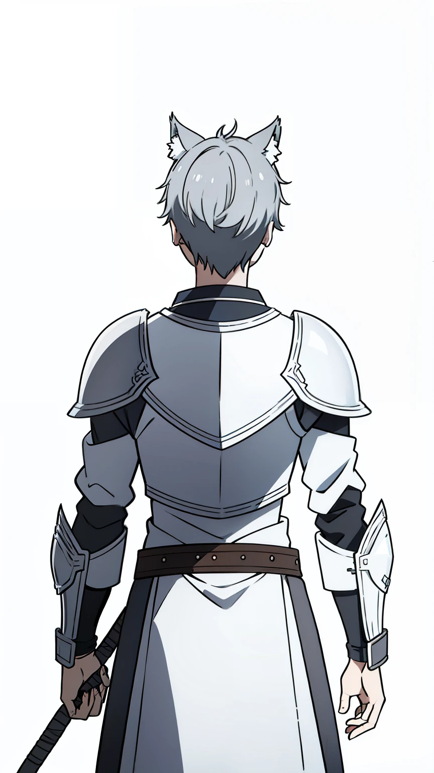 (1boy,),short hair,solo,armor,gray hair,wolf ears,(white background,line drawing),looking at the audience, from behind