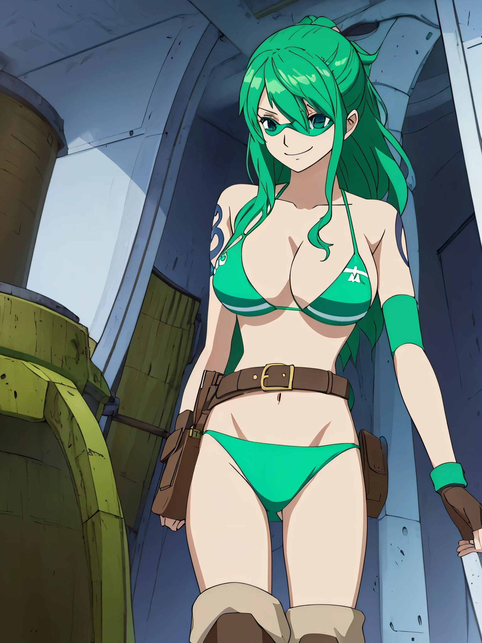 highest quality, (animation illustration), (green border bikini, elbow gloves, boots, heroes belt, eye mask), wore a hairpin, looking at the viewer with a smile, Tattoo on left shoulder