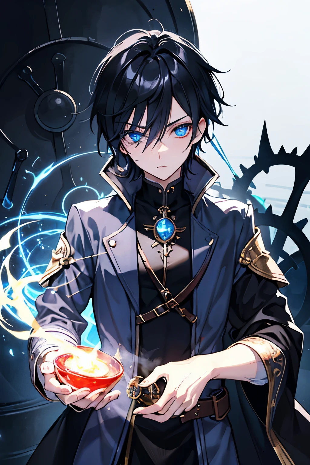 male black hair blue eyes one person alchemist steampunk witch's cauldron boil the pot inflammation magic tool whole body cool masterpiece Highest image quality noise removal clear parts cinematic shadow Increases the attractiveness of the eyes clear parts the shine of the eyes draw eyelashes neatly perfect eyes detailed eyes sharpen image quality sharpen eye writing clear parts eye shape