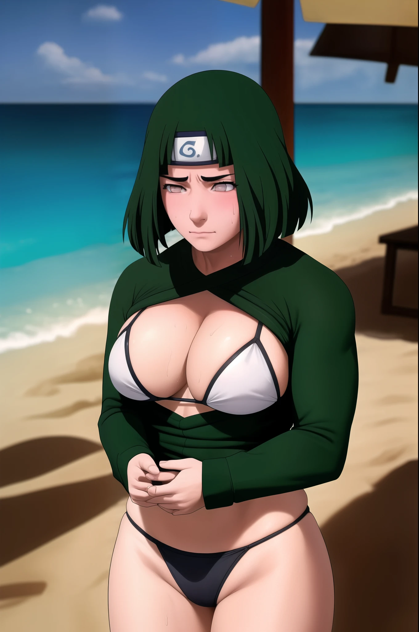 (A high resolution, high quality:1.2), complex parts, cinematic lighting, 1 girl, mature woman, green hair, One, standing,, cowboy shot, blush, bodybuilder girl, Sexy face,  sweaty body, muscles, wears a bikini, (Beach background, sea)