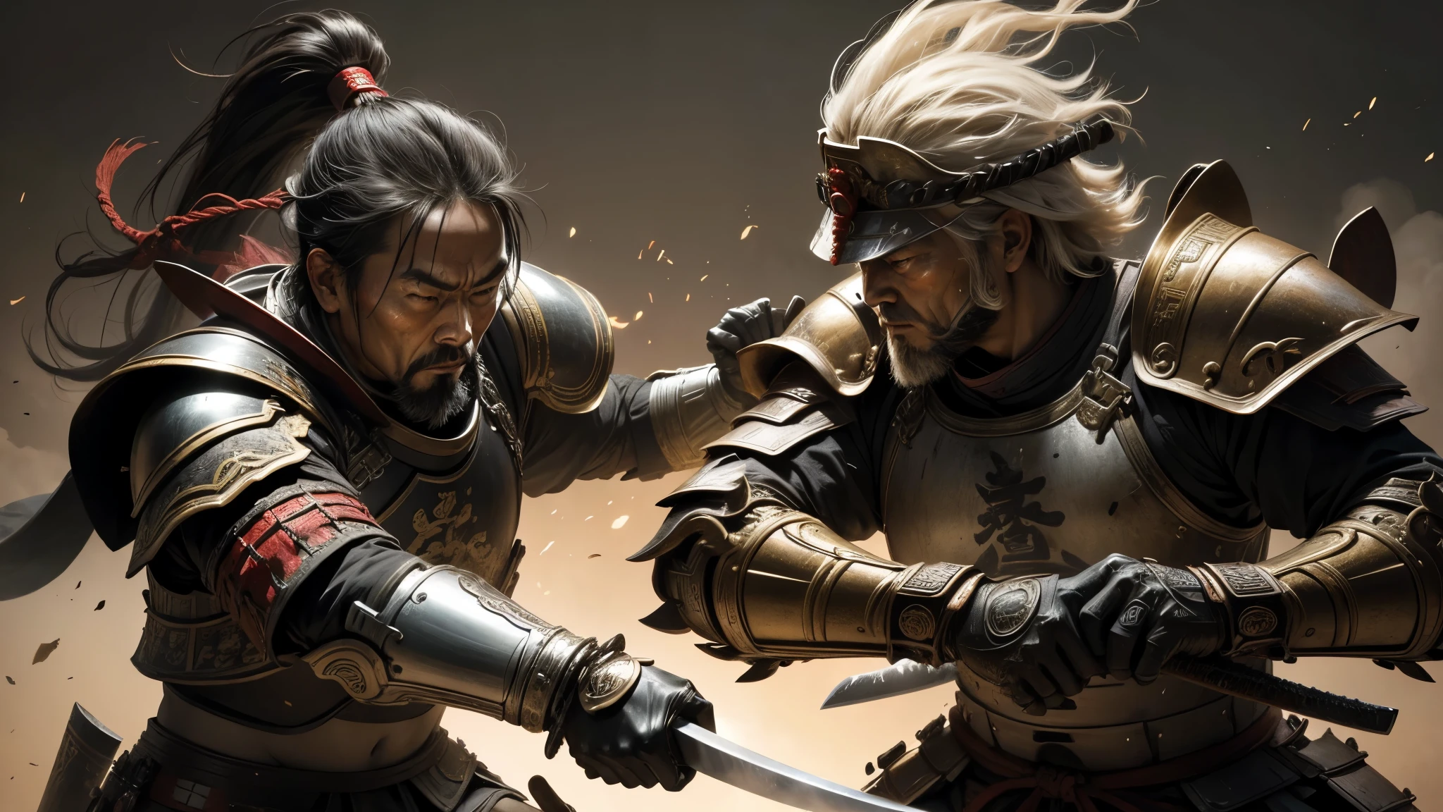 good quality, ultra high resolution，masterpiece, （reality，detail，close up）Ancient China，A general wearing ancient armor，Holding a machete，and a samurai，Fight each other