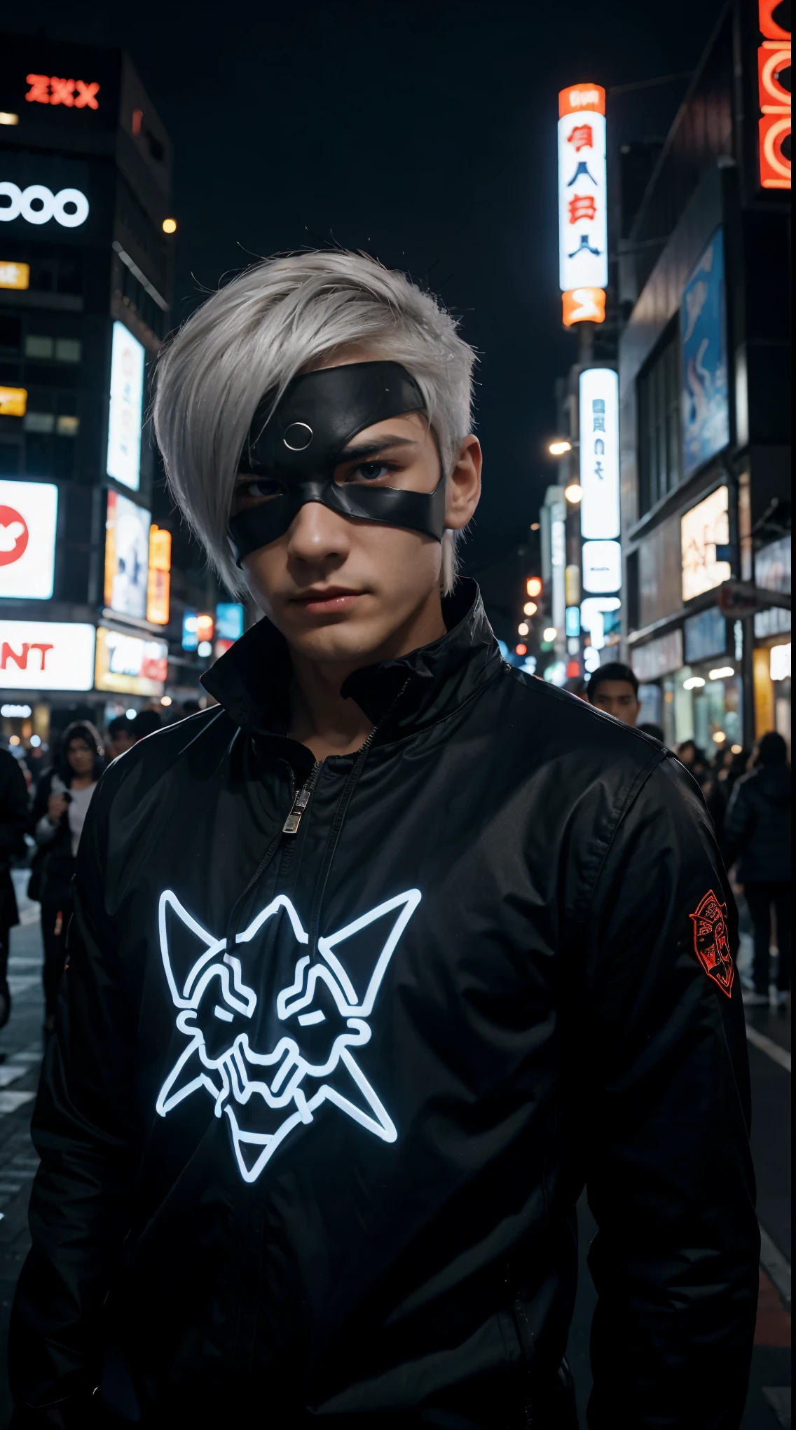 (personaje masculino), 1 chico, On the neon-lit streets of a bustling metropolis, un personaje masculino de anime con un tema de asesino moderno acecha en las sombras, His Japanese kitsune mask adds an air of mystery to his short white hair and piercing blue eyes...