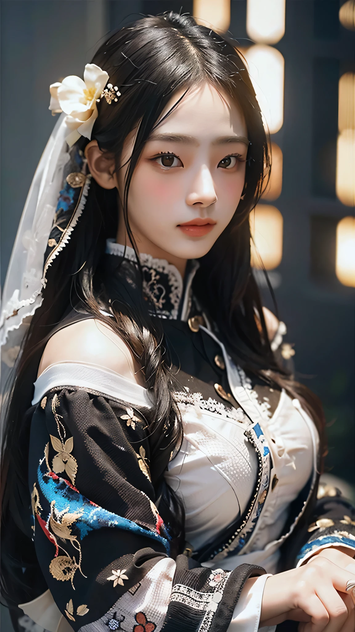 (highest image quality), (masterpiece), (vibrant, photography realistic, Realistic, Dramatic, Dark, Sharp focus, 8K), beautiful, Highly detailed face and skin texture, sexy wedding dress, ethereal beauty, mature asian woman,black long hair, make up, nsfw, ((backlight)), holding sword, samurai wedding