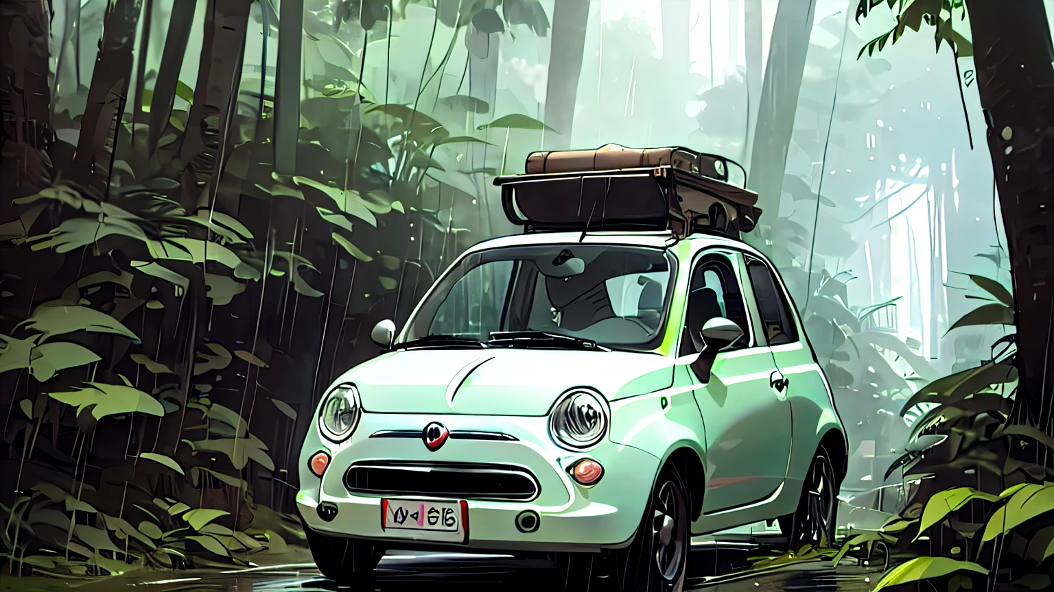 FIAT500 looks small from a distance、深いforestに迷い込んだfiat500、old abandoned railway、forest、jungle、sea of trees、It takes a lot of screen time々、It takes a lot of screen time too々、drawing drawing、long shot、rain、downpour