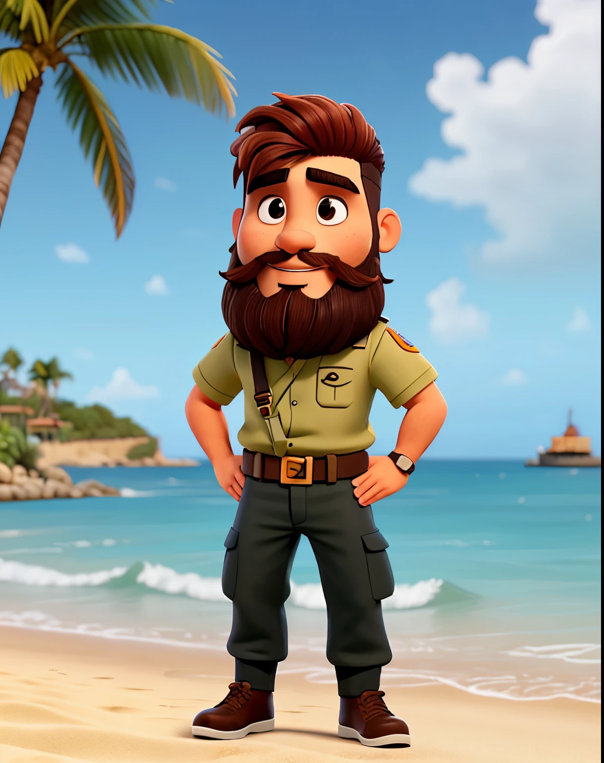 Hombre moreno de barba rala, corte de pelo militar, playera negra sin mangas, usa bermuda para la playa color naranja, de fondo tiene olas enormes del mar