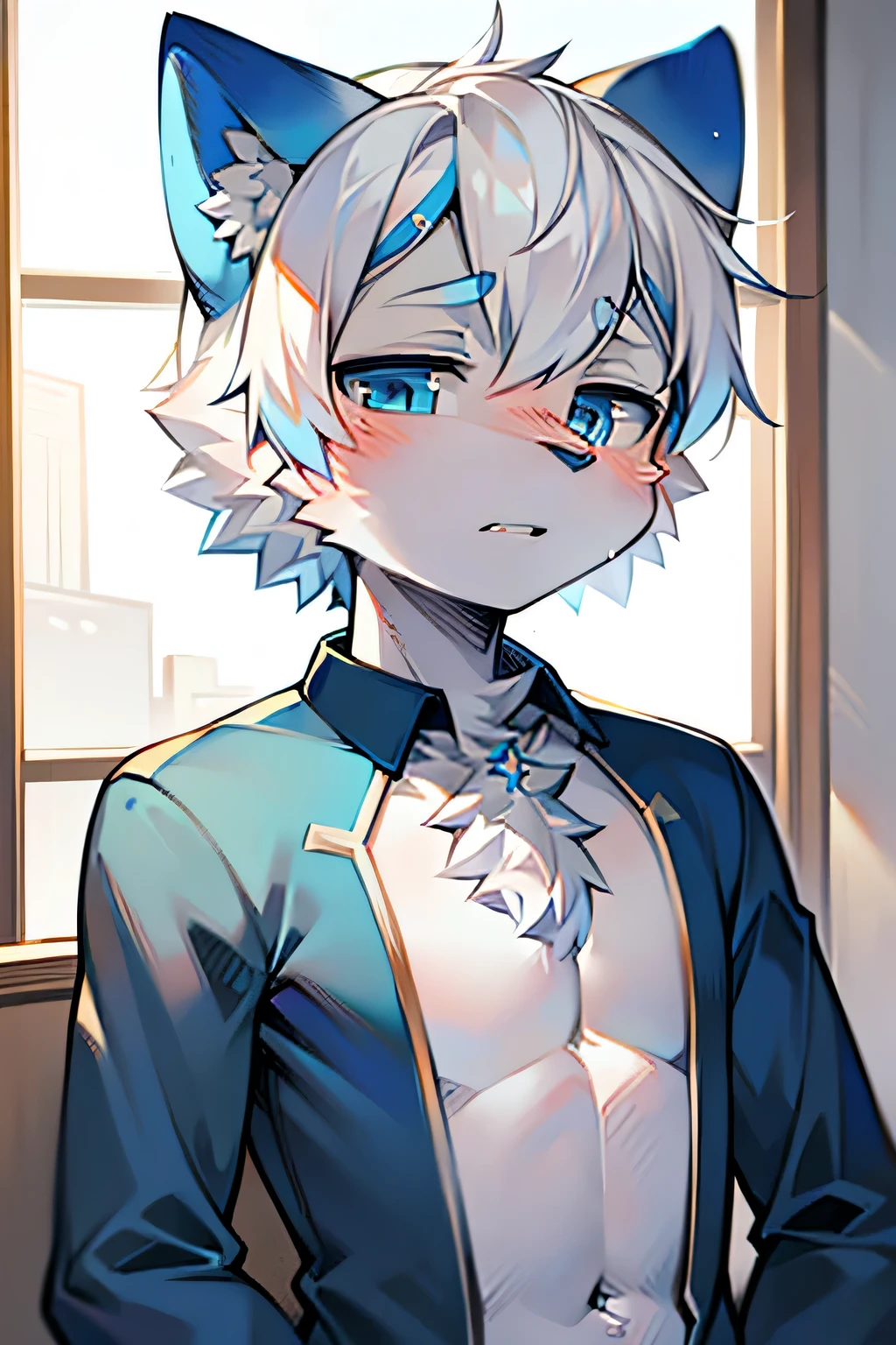 Chico, Wolf, white and blue fur, It's too small, blue eyes, , white hair, short hair, masterpiece, Very detailed,blush
