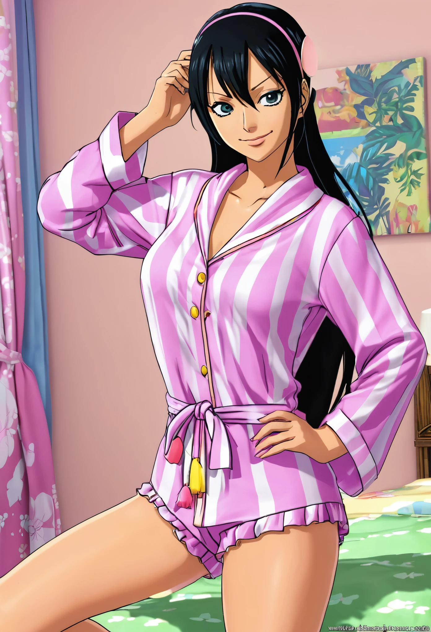 Generate an image of Nico Robin from One Piece wearing a pair of pajamas for pajama party