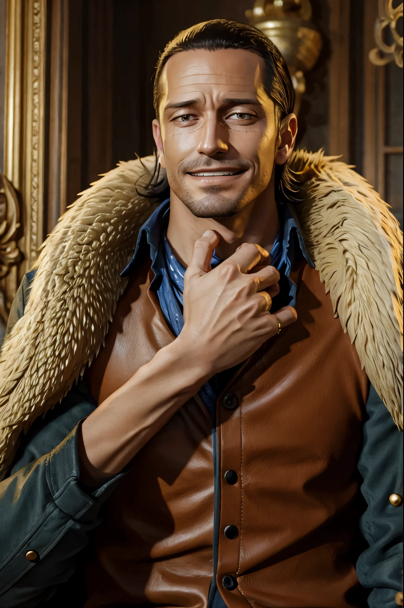 masterpiece, best quality, extremely detailed, hyperrealistic, photorealistic, a cool 40s man, ultra detailed face:1.1, fur-trimmed coat, scarf around the neck, his left hand is a golden pirate hook:1.1, sly smile, royal palace