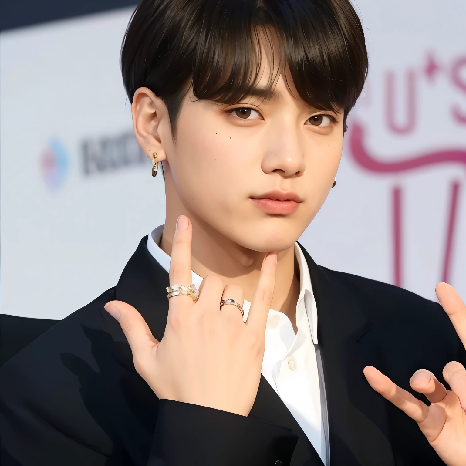 um close de uma pessoa vestindo terno e brincos, Jungkook, Kim Doyoung, Yoongi de cabelo preto, taken at the beginning of 2020, Jimin\the right eyelid is swollen, taejune kim, hyung tae, Jimin, Cai Xukun, your eyes seem wise, park Jimin, Jinyoung Shin, Jimin\the full lips, olhar inocente