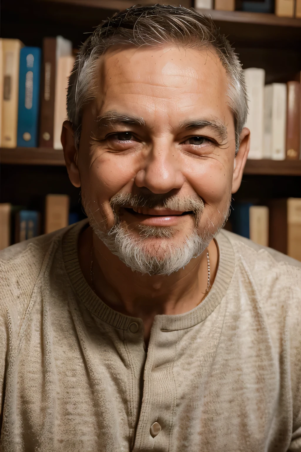 /imagine prompt: A modern 64-year-old academic professor with a youthful appearance, sporting short spiked hair and a neatly trimmed face with a stubbled beard, radiating a warm smile that lights up his entire face, his eyes twinkling with wisdom and kindness, Photography, using a high-resolution DSLR camera with a 50mm prime lens, capturing the subject in natural light against a bookshelf backdrop, --ar 4:3 --v 5