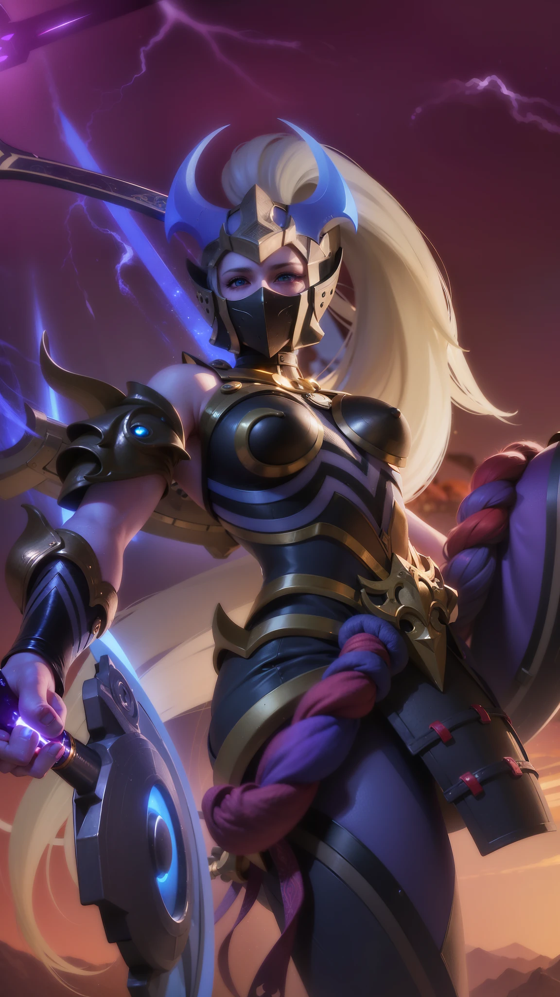 (female:1.2), 8k, ultra hd, ultra detailed texture, hyper realistic, masterpiece, detailed texture, detailed face, detailed skin, detailed lighting, (photorealistic:1.5), best quality, beautiful lighting, cinematic lighting, professional lighting, ultra highres, realistic, detailed hair, real hair, high quality, (realskin:1.5), extremely detailed, finely detail, ultra-detailed, long hair, white hair, black armor, shoulder armor, depth of field, looking aways, skin tight, amazing pose, outdoors, glowing, dark view, a close up of a woman with a sword and armor, brigitte, 8k hd wallpaperjpeg artifact, 8 k hd wallpaperjpeg artifact, extremely detailed artgerm, splash art, (blue eyes:1.5), (wearing mask:1.2)