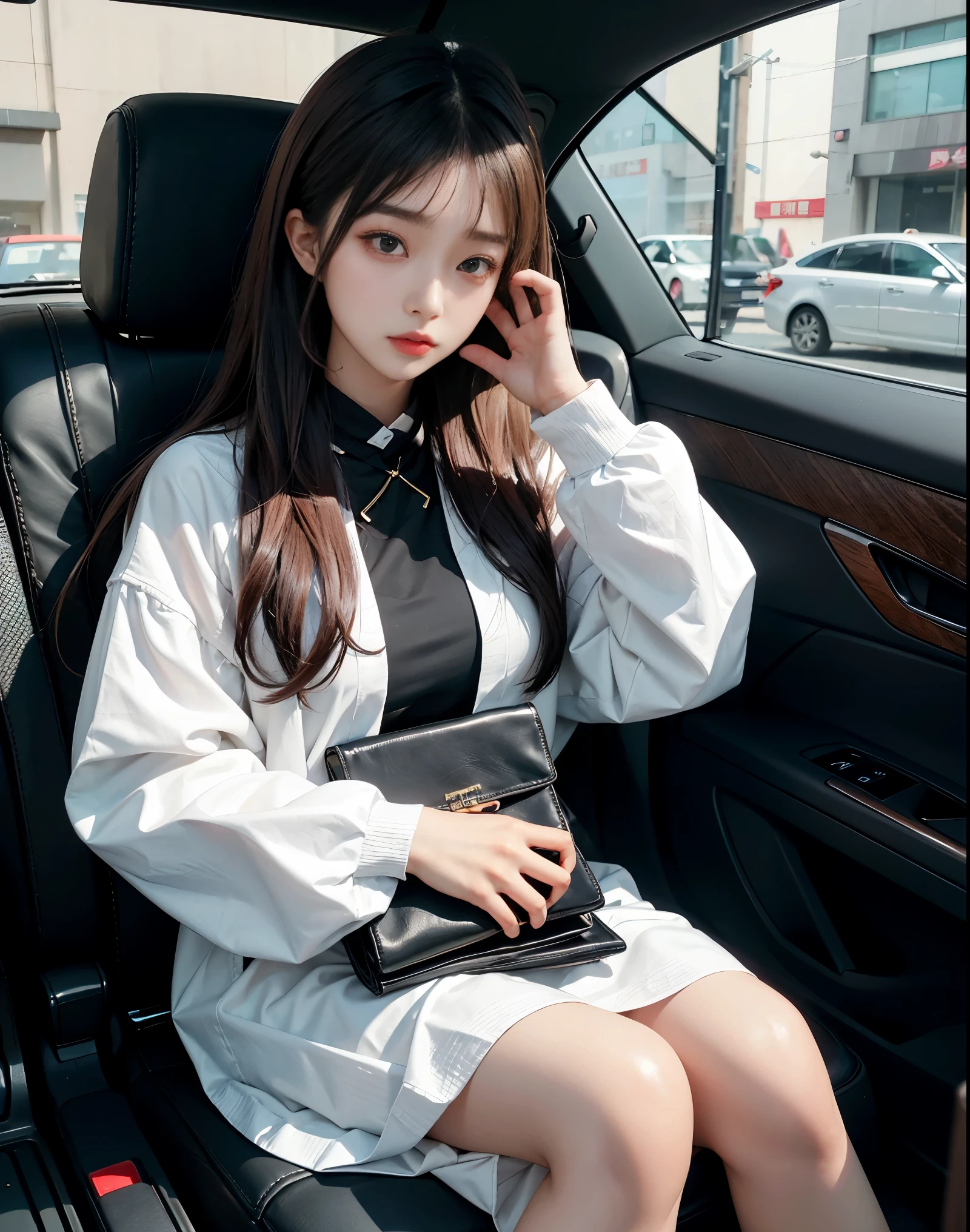 An arafi woman sitting in a car with a wallet in her hand, korean girl, gorgeous young korean woman, beautiful south korean woman, beautiful young korean woman, korean woman, sitting in her car, Choi Hong Hwa, Ulzzang, Nam Jae Young, 19 year old girl, attractive girl, Lovely lady, asian girl, cool girl