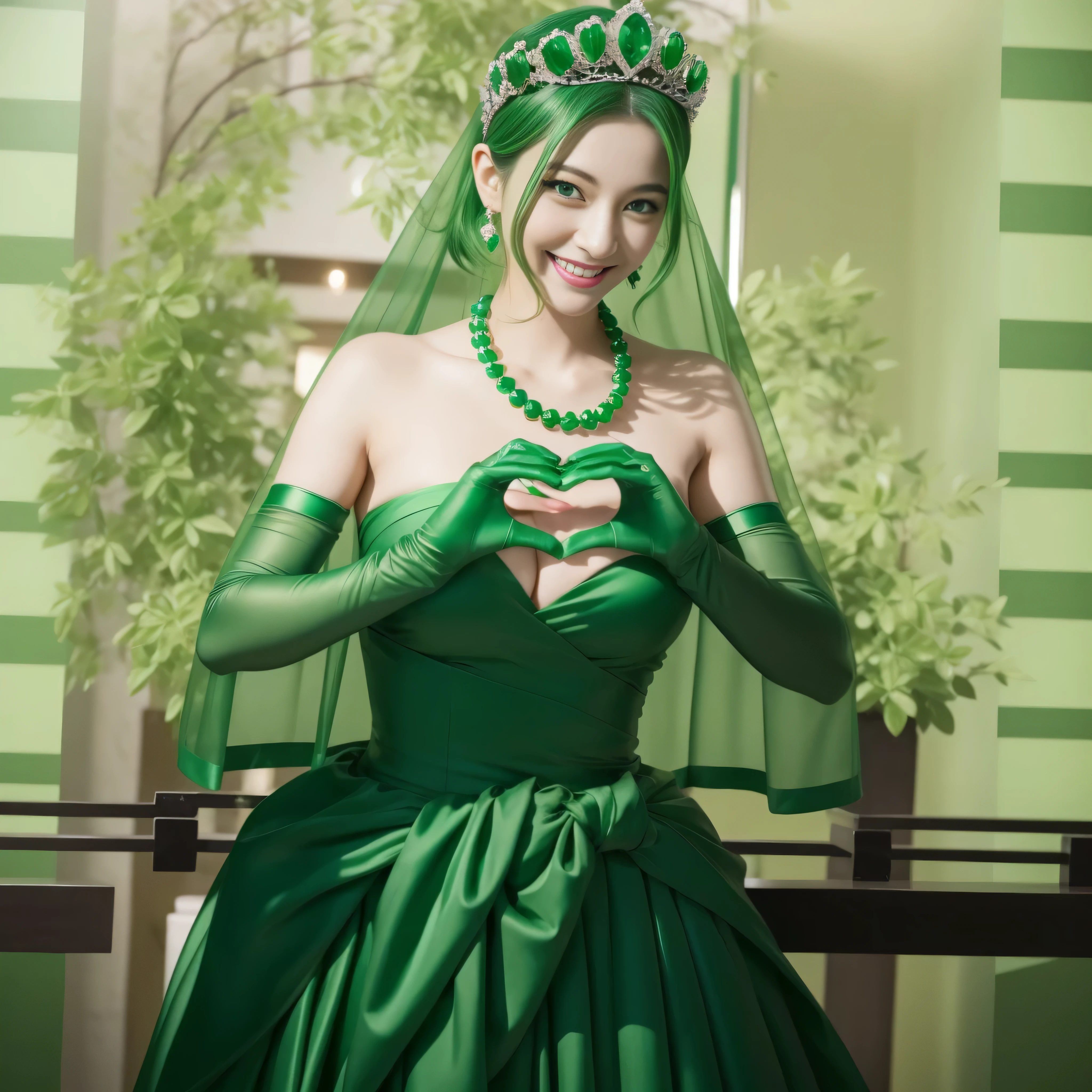 emerald tiara, Green Pearl Necklace, ボーイッシュな非常に短いgreen hair, green lips, Woman in her 30s Japan smiling, very short hair,  Beautiful woman with big breasts, green eyes, green satin long gloves, green eyes, emerald earrings, Green veil, Heart with both hands, green hair, beautiful japanese woman, heart shaped hands:1.3, green lip gloss