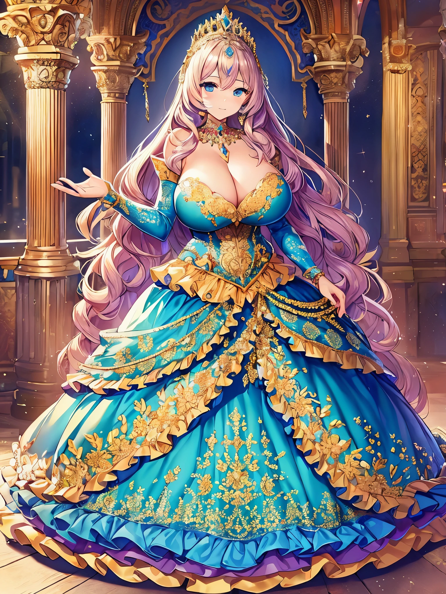 ((anime artstyle)),((Masterpiece)),(Best Quality),(Super Detail),((Very Delicate and Beautiful)),Solo,((full body)),full body,(((1 bling-bling curvy princess in a beautiful embroidery and jeweled gorgeous crinoline rococo ballgown))),(((very very gigantic tits,cleavage,curvy))),Skindentation,((standing in gorgeous castle)),((crinoline,long train,voluminous full length hoop skirt)),beautiful embroidery and jeweled,((gorgeous crinoline rococo ballgown with voluminous full length hoop skirt decorated with beautiful embroidery and jewels)),(detailed face and eyes),jewel-like eyes,((extremely voluminous straight Hair,Extremely Long Straight Hair)),extremely gorgeous hair ornament,((extremely gorgeous bling-bling big tiara)),bling-bling luxurious jewelry,(Dynamic Angle),((beautiful embroidery and jeweled gorgeous crinoline rococo ballgown with voluminous full length hoop skirt decorated with beautiful embroidery and jewels)),beautiful embroidery and jeweled voluminous full length hoop skirt,((full body))