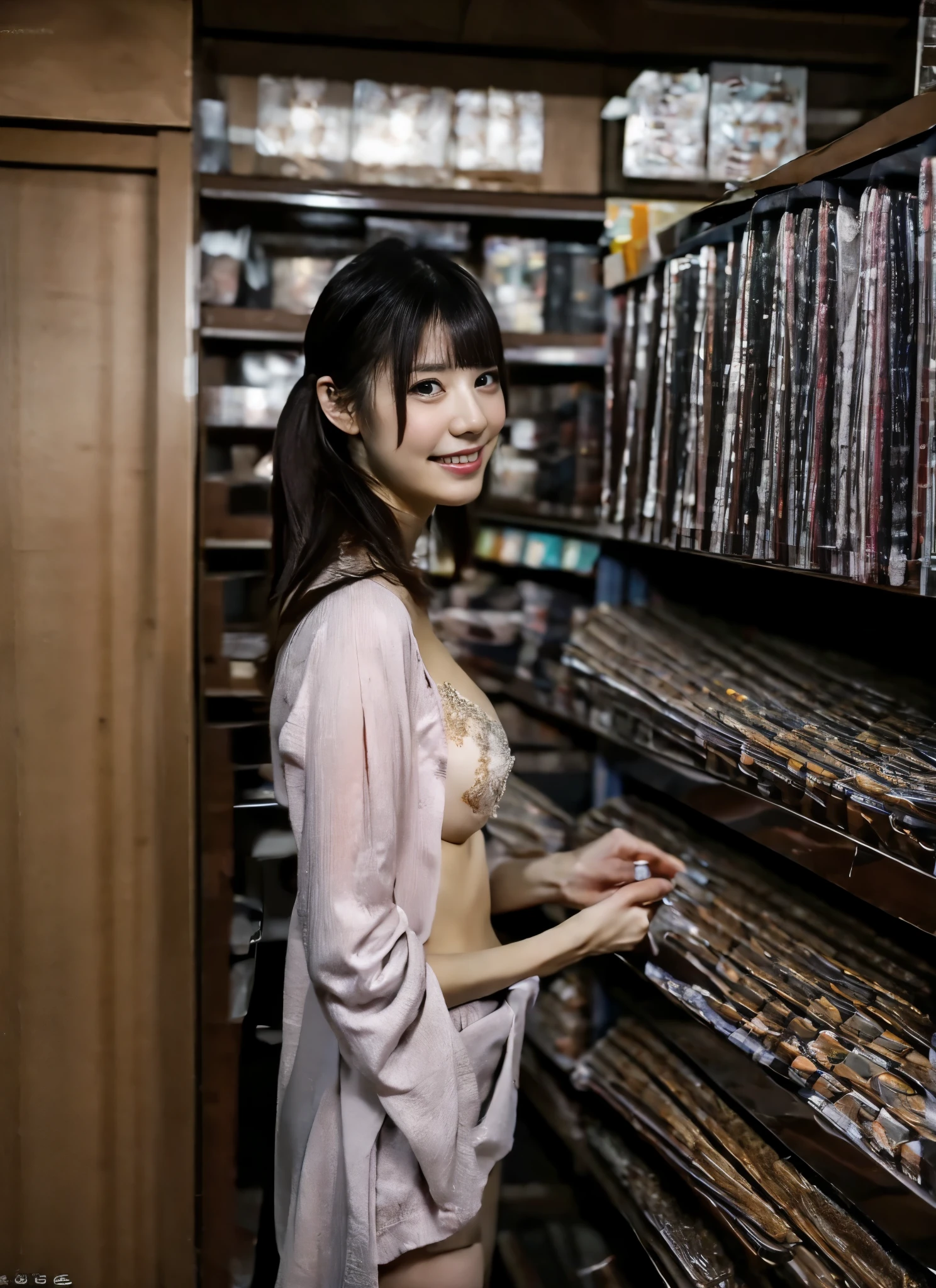 A 42-year-old beautiful Japanese woman standing between supermarket shelves, an empty supermarket aisle,
BREAK
1girl, solo, 42yo, japanese milf, tlift, nipples, w, from front, smile, long hair,
BREAK
masterpiece, top quality, best quality, official art, unity 8k wallpaper, highres, ultra-high res, ultra-detailed, beautiful and aesthetic, detailed eyes, highly detailed, professional lighting