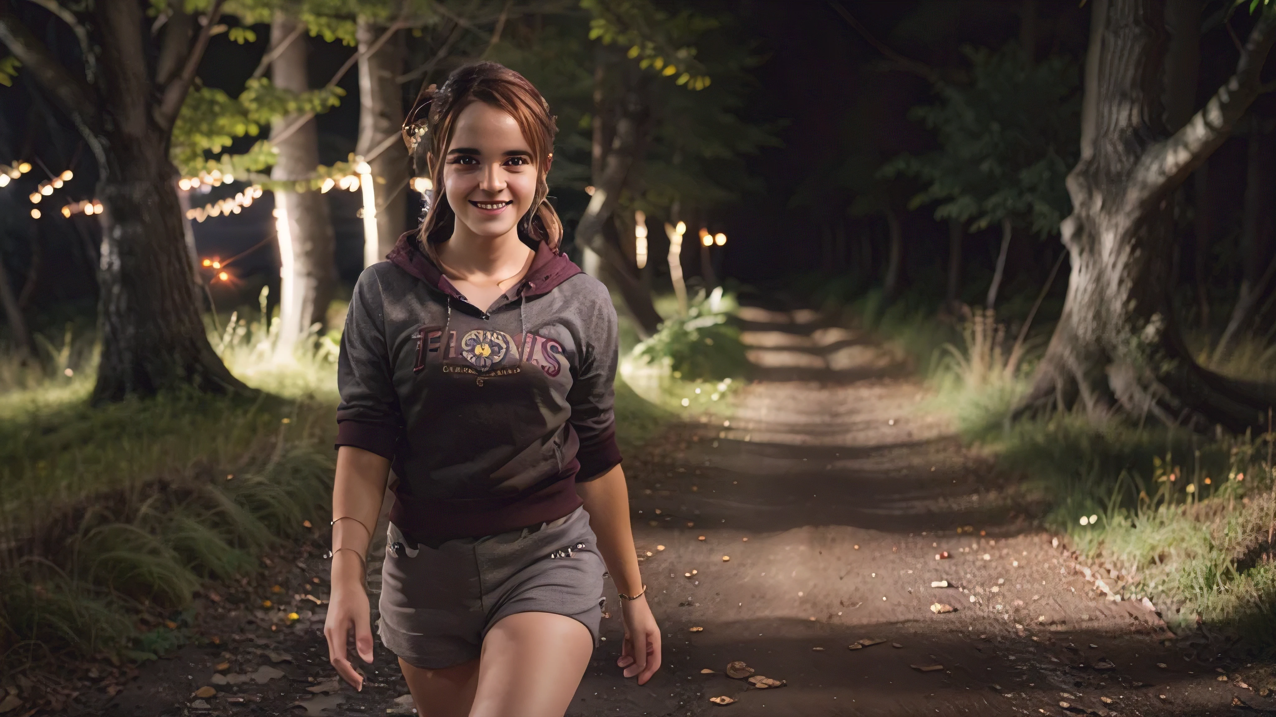 A girl in a dark bordeaux hoodie, on a dark forest path in the late evening, facing the viewer, smiling, waving one hand greeting the viewer, cute, small, , brown hair, emwts, ponytail, short grey socks and brown trecking boots, a few fireflies glowing in the background