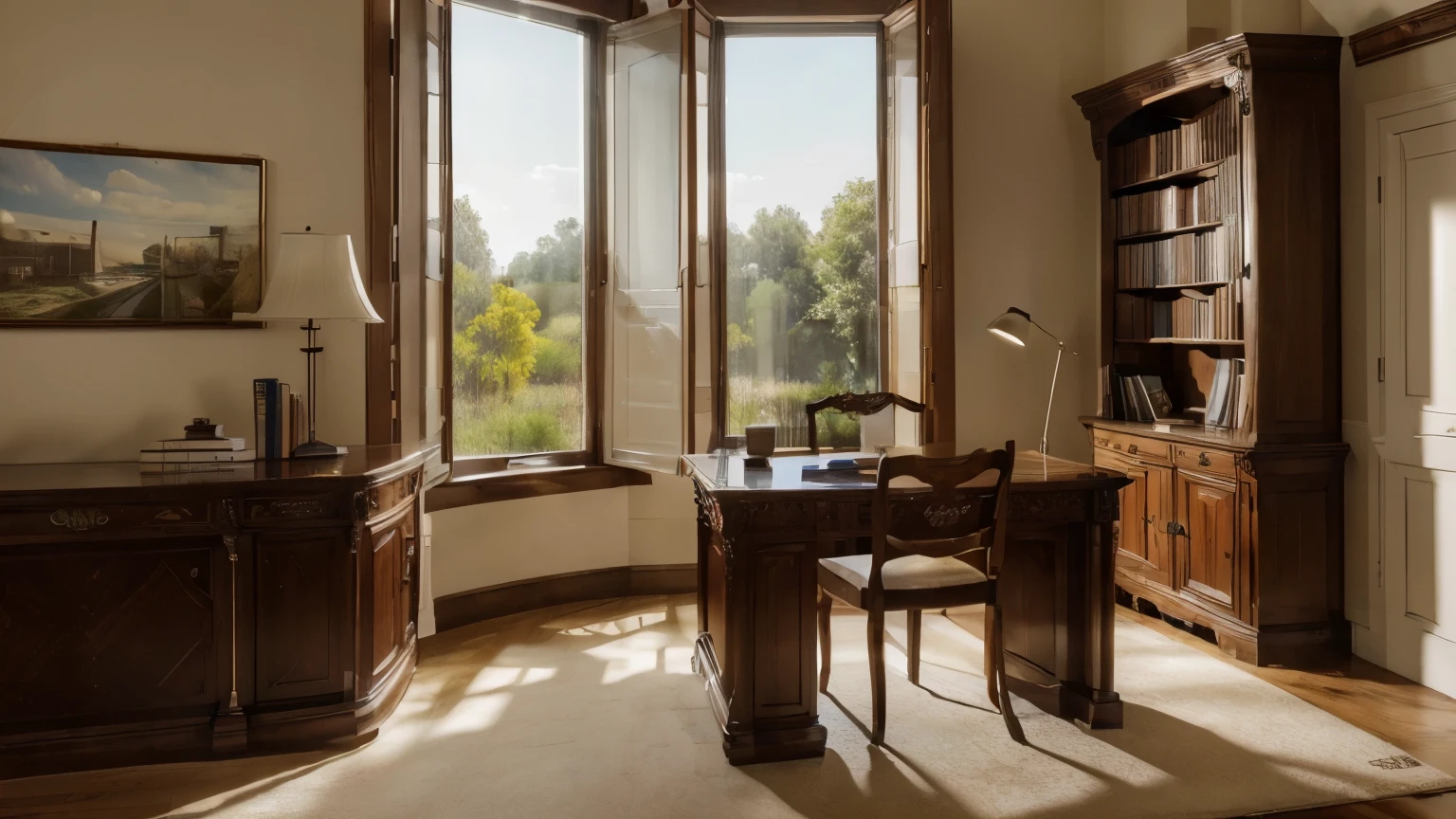 (best quality, highres, ultra-detailed, realistic, photorealistic:1.37), a simple desk, fancy, clean, two elegant chairs, windows, sunlight, library, no models, wood, books, grass, strong colors, contrast, bright