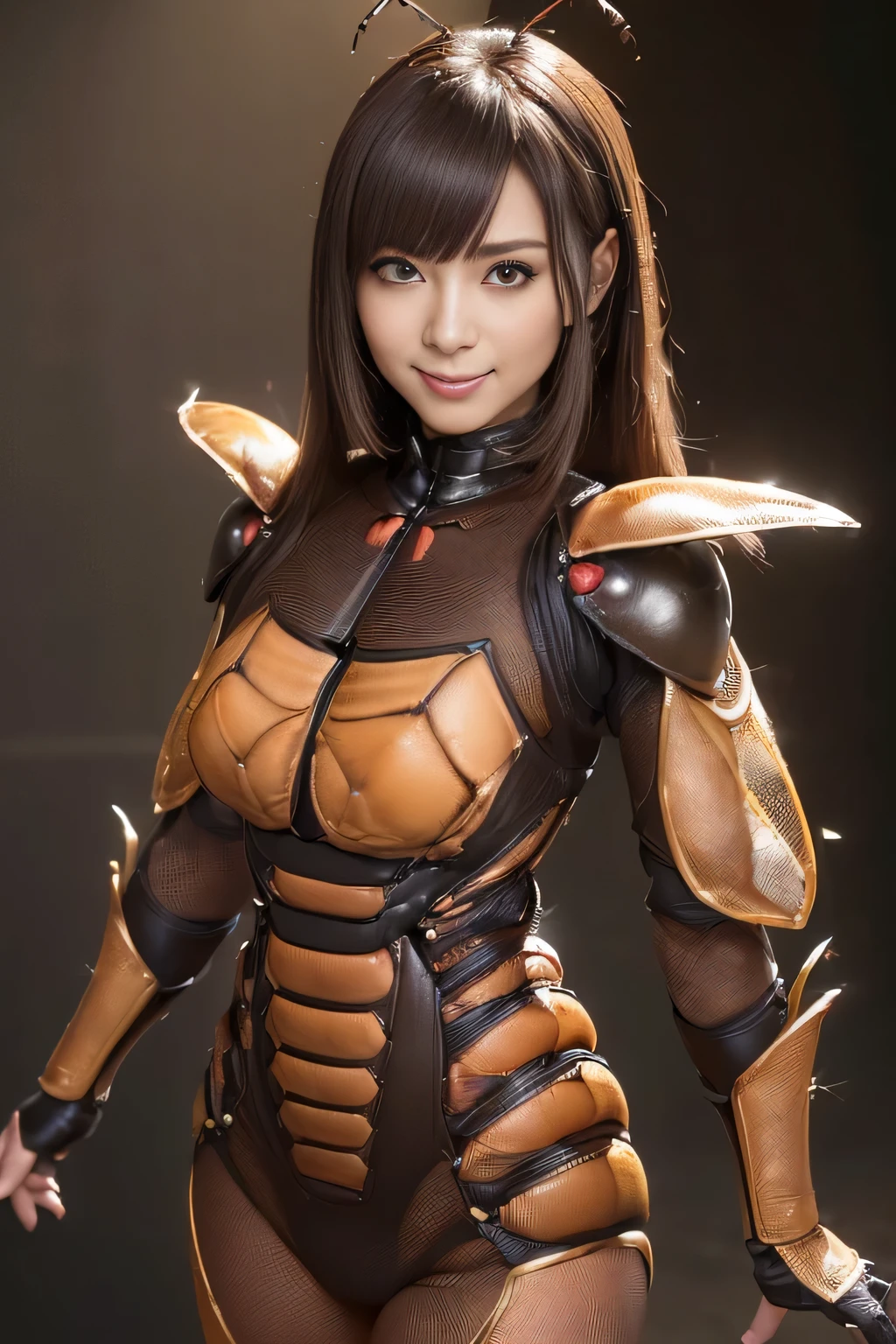 (High resolution,masterpiece,highest quality,Very detailed CG, anime, official art:1.4), realistic, photograph, amazing detail, everything is complicated, shiny and glossy,Amazing number of layers, 8K wallpaper, 3D, sketch, cute, figure,( alone:1.4), perfect female proportions,villain&#39;s daughter, (Fusion of dark brown cockroach and lady:1.4), (brown cockroach woman:1.2), (brown cockroach woman:1.2), (Fusion:1.2), (alone:1.4), (evil smile:1.2), muscular, abs, (Cockroach brown exoskeleton bio insect suit:1.4), (Cockroach brown exoskeleton bio insect armor:1.2), (brown transparent cockroach feathers:1.4), (Antennae of brown cockroaches:1.3),