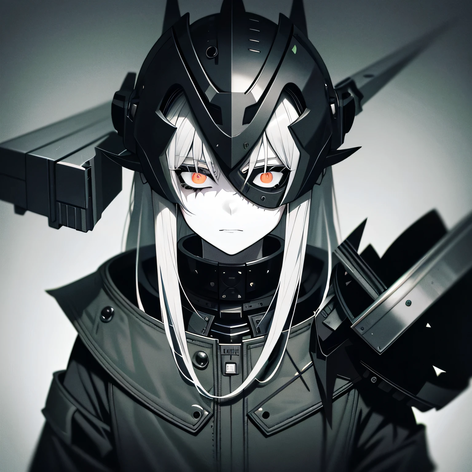 Dark modernist art, knee length portrait, mechanical girl, black eyes, black sclera, (dark black gray sclera), ashen skin, gray skin, sharp helmet, gray hair, (long messy hair), dark modernistic landscapes, pale green and gray steel lights, highly detailed art, many details