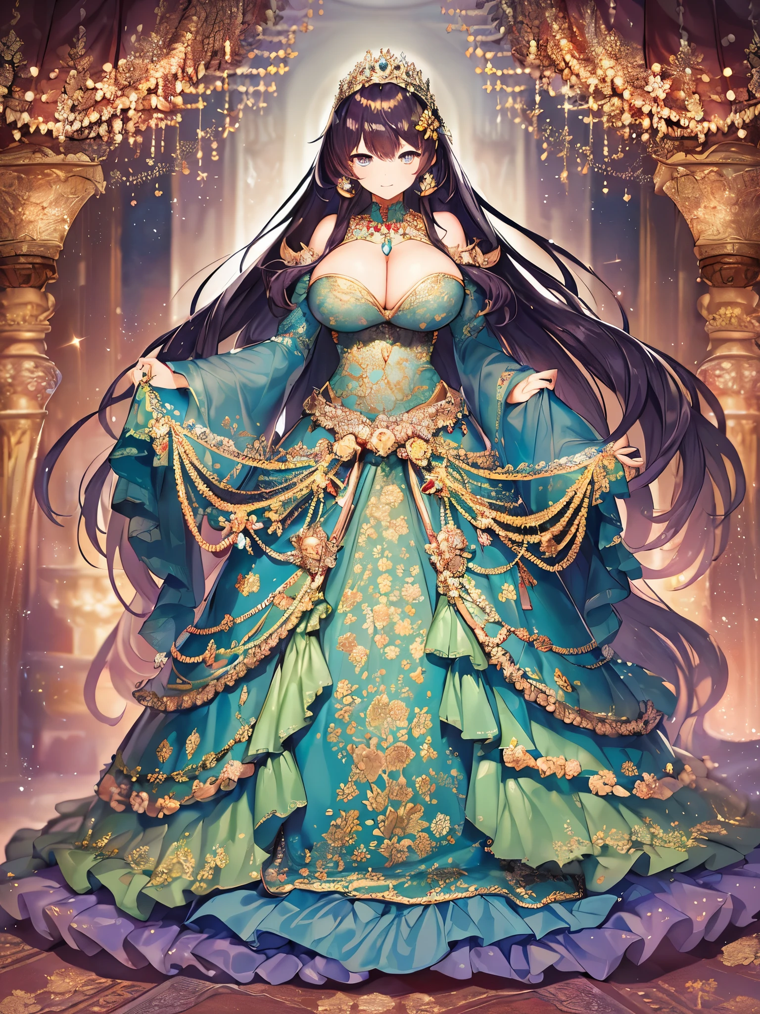 ((anime artstyle)),((Masterpiece)),(Best Quality),(Super Detail),((Very Delicate and Beautiful)),Solo,((full body)),full body,(((1 bling-bling curvy princess in a beautiful embroidery and jeweled gorgeous crinoline rococo ballgown))),(((very very gigantic tits,cleavage,curvy))),Skindentation,((standing in gorgeous castle)),((crinoline,long train,voluminous full length hoop skirt)),beautiful embroidery and jeweled,((gorgeous crinoline rococo ballgown with voluminous full length hoop skirt decorated with beautiful embroidery and jewels)),(detailed face and eyes),jewel-like eyes,((extremely voluminous straight Hair,Extremely Long Straight Hair)),extremely gorgeous hair ornament,((extremely gorgeous bling-bling big tiara)),bling-bling luxurious jewelry,(Dynamic Angle),((beautiful embroidery and jeweled gorgeous crinoline rococo ballgown with voluminous full length hoop skirt decorated with beautiful embroidery and jewels)),beautiful embroidery and jeweled voluminous full length hoop skirt,((full body))