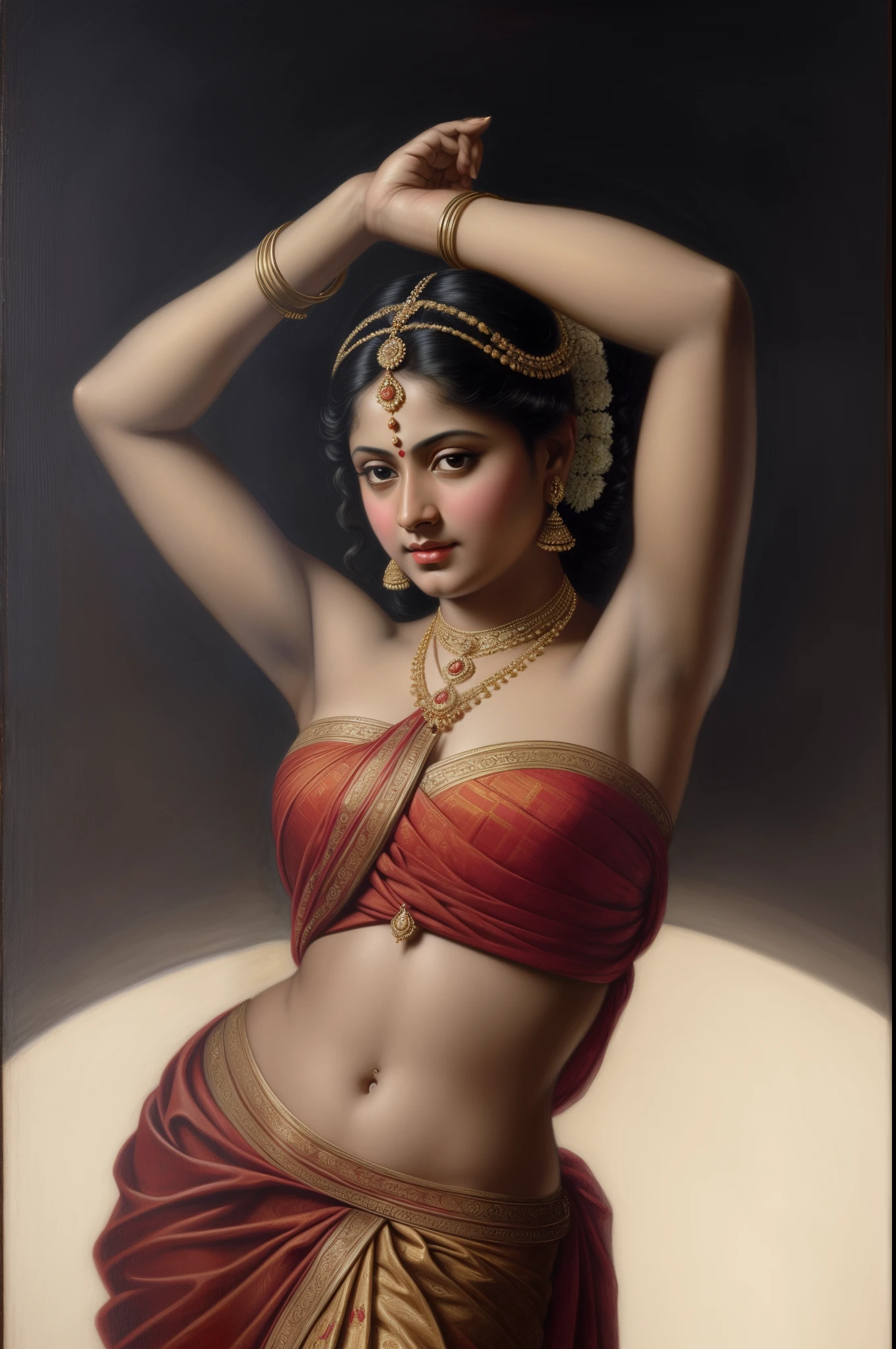 Beautiful Indian Woman, wearing saree, sari Beauty, gorgeous, Apsara, Maharani, royal queen woman, nymph from Hindu Mythology, Urvashi, matchless beauty, Highly detailed, Oil Painting by Peter Paul Rubens inspired by Raja Ravi Varma, Matchless beauty, captivating, gorgeous, heavenly beauty, celestial beauty, by Peter Paul Rubens, 1893, realistic, hyper realistic, micro details, incredible artwork, insane details, ultra High resolution, 8k, 32k,  acrylic on canvas, intricate, flawless, detailed, detailed face, detailed eyes, masterpiece, by Peter Paul Rubens, by Caravaggio, by William Adolphe bouguereau, perfect face, perfect body, beautiful art, realism, baroque, renaissance Art, highly textured, beautiful and High clarity eyes, uhd, best quality,
