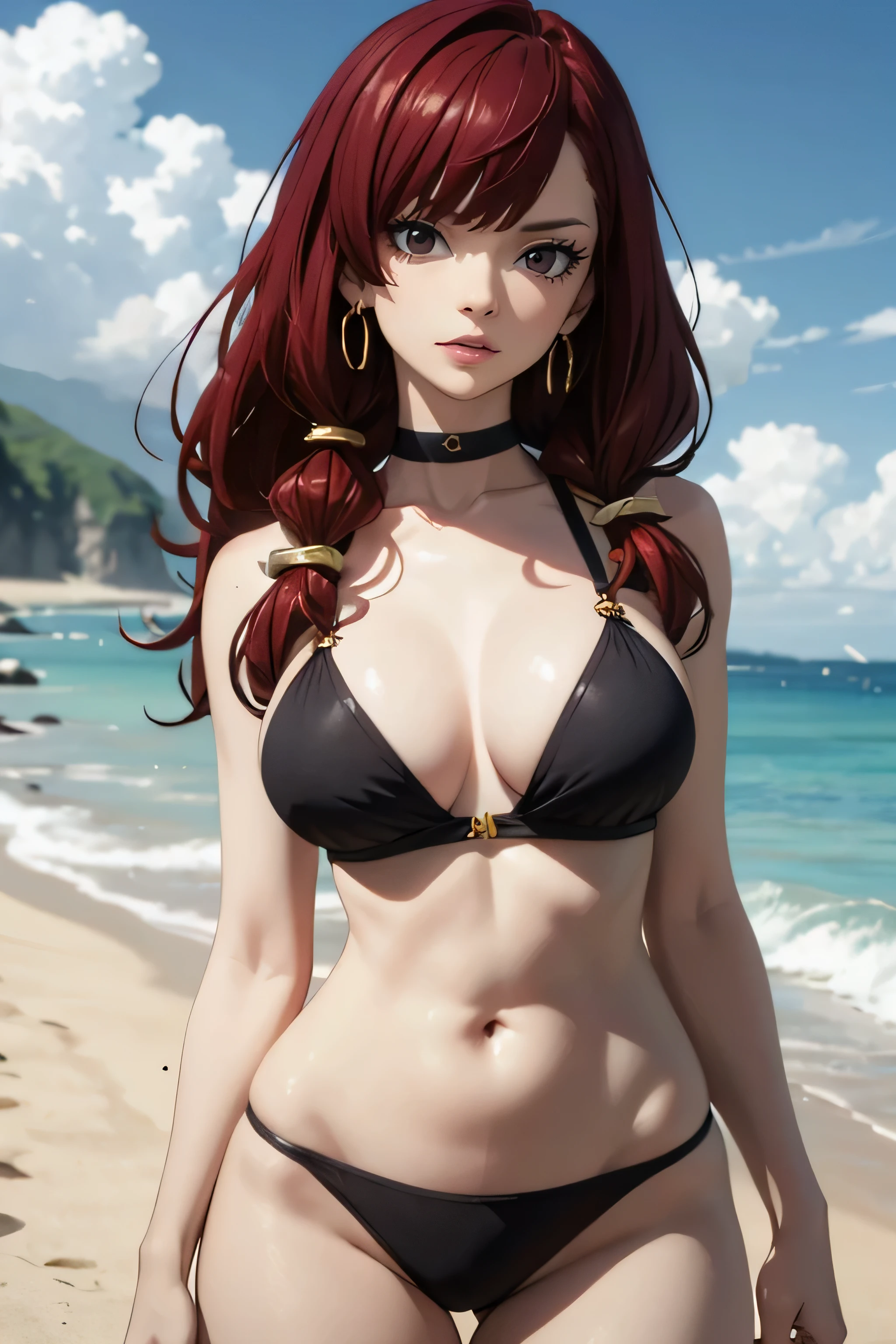 absurdres, high res, ultrasharp, 8K, {masterpiece}, expressive eyes, extremely detailed, best quality, perfect face, perfect eyes, irenedef, irenernd, red hair, brown eyes, large breasts, earrings, pleased, beach, bikini, contrapposto.
