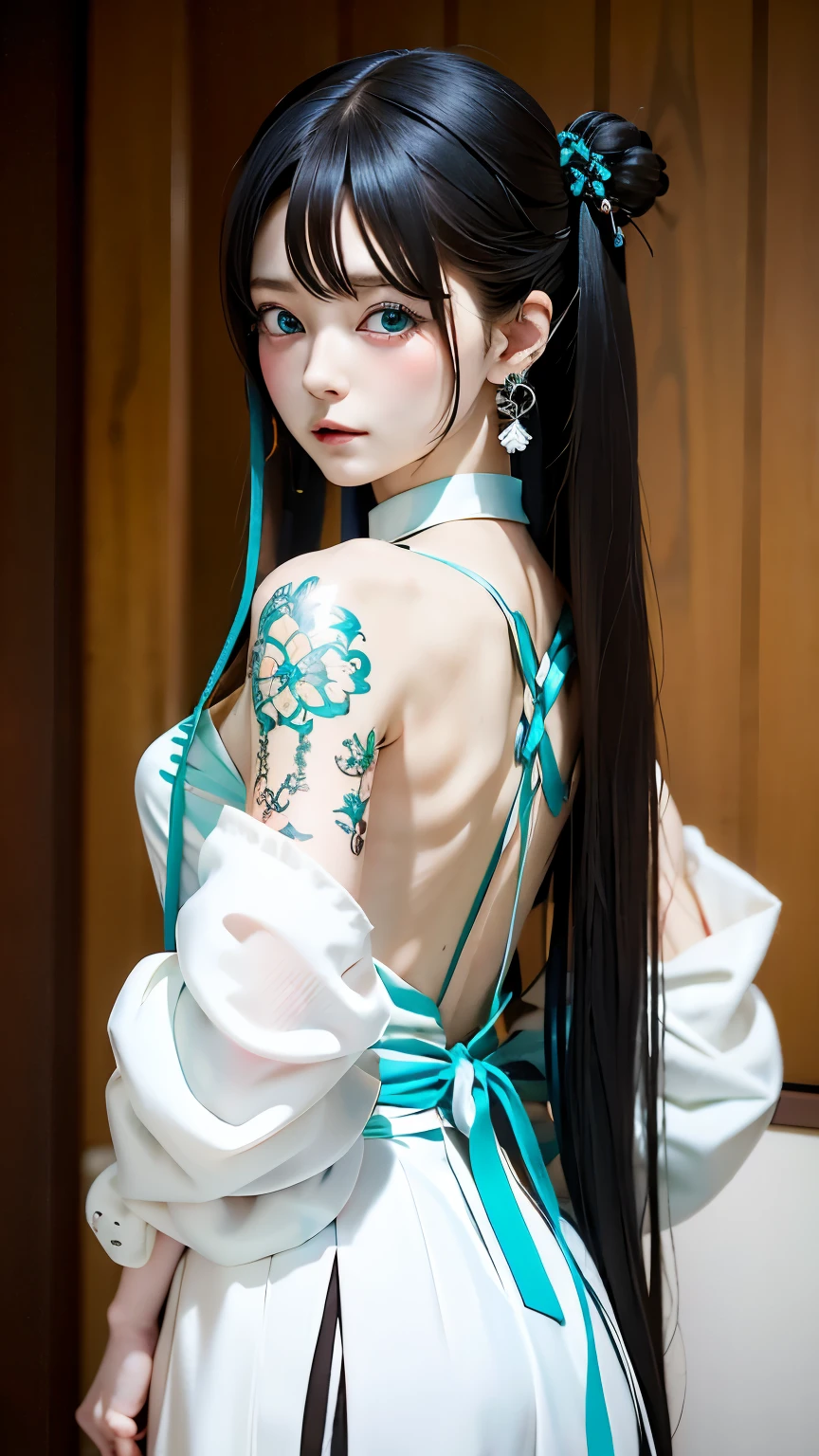 hair ornaments、earrings、tattoo、goth_punk, 1 girl, alone,、highest quality, realistic, Super delicate illustration, beautiful and attractive anime girl, miku hatsune, slender body, tied hair, one girl, girl pictures, full body shot, beautiful blue eyes, looked back,ear nipple rings、hair ornaments、gem、miku hatsune、