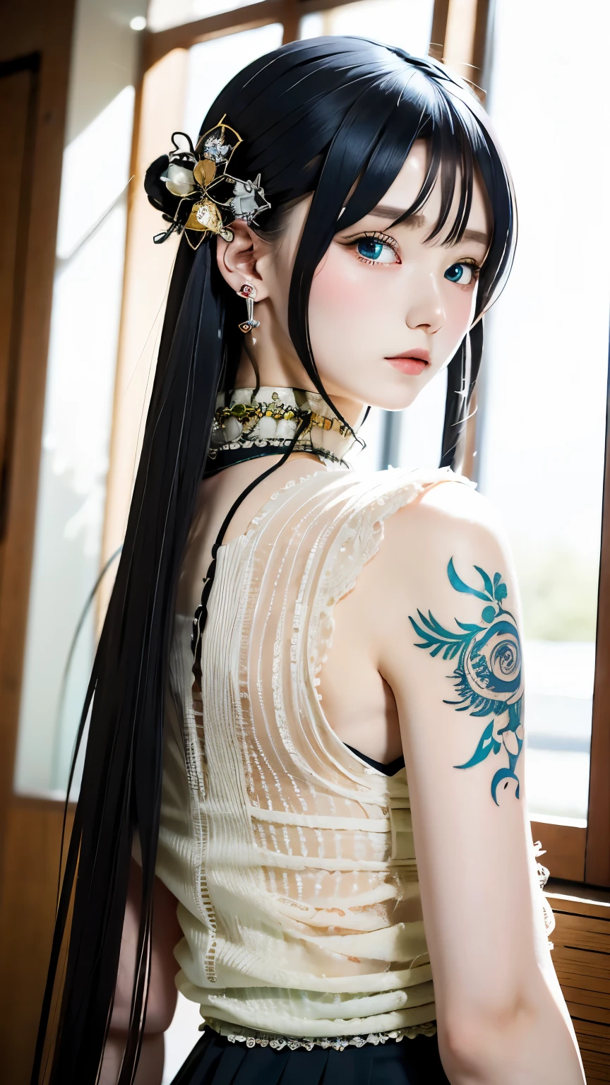 hair ornaments、earrings、tattoo、goth_punk, 1 girl, alone,、highest quality, realistic, Super delicate illustration, beautiful and attractive anime girl, miku hatsune, slender body, tied hair, one girl, girl pictures, full body shot, beautiful blue eyes, looked back,ear nipple rings、hair ornaments、gem、miku hatsune、
