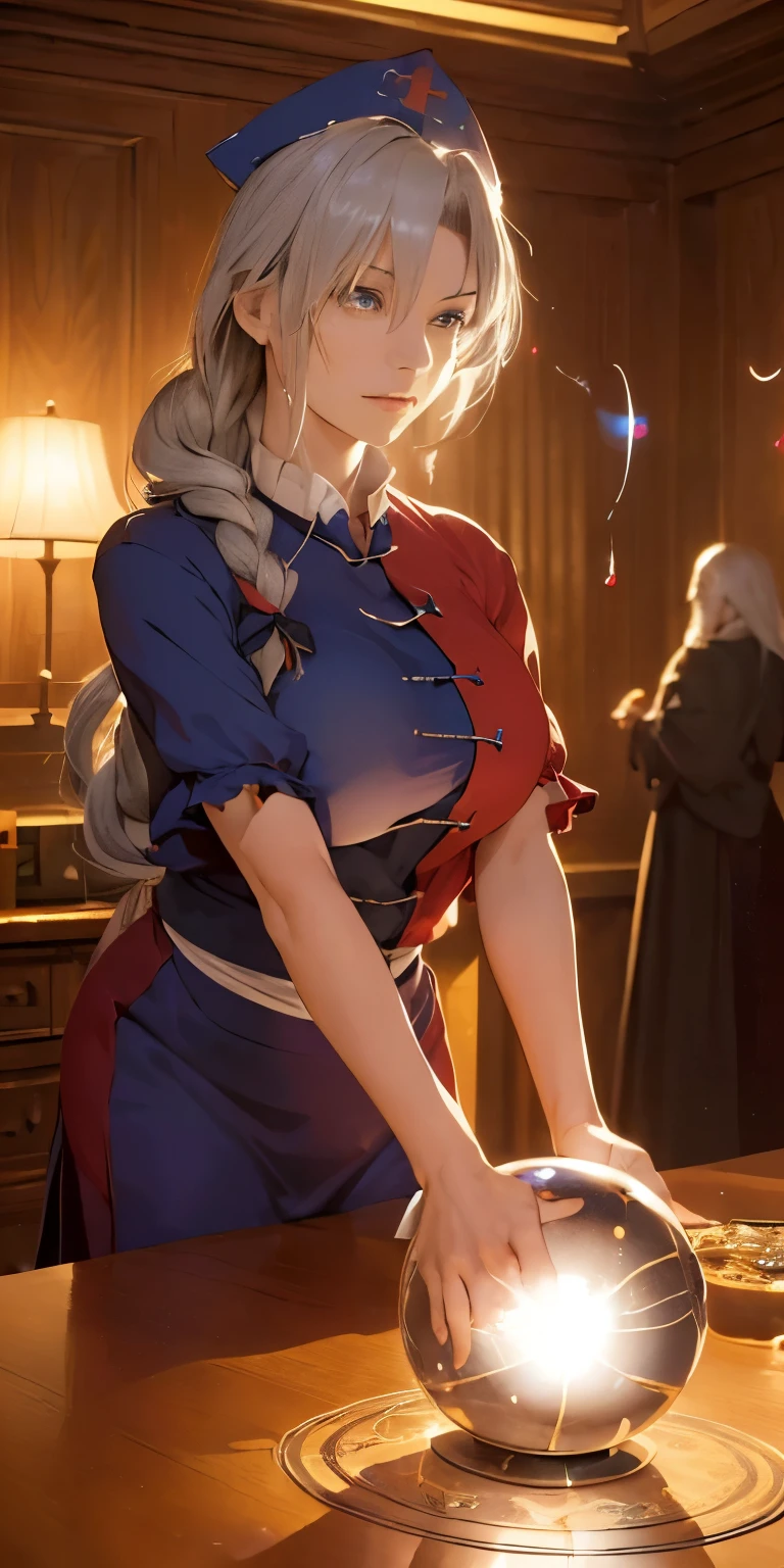 (masterpiece, best quality:1.3), (from above:1.3), Yagokoro Eirin, Touhou Series, perfect face, expressive eyes, 1woman, looking at viewer, 38 years old, gorgeous body, big breast, beautiful, anime, lora,1woman, silver hair, braid hair, nurse cap, red and blue clothes, long skirt, (evil smile:1.5), (cinematic lighting, realistic, dream-like, enchanting atmosphere:1.5), (photo of a woman in her dark and mysterious environment:1.3), (the woman surrounded by an aura of mystery and intrigue:1.3), (in the middle of a massive modern library in the style of Tianjin Library:1.3), (candles flickering, casting dancing shadows around the room:1.3), (the dim lighting adding to the ambiance of secrecy and mysticism:1.3), (a crystal ball nearby, adding to the mystical setting:1.3), (symbols of astrology and esoteric knowledge decorating the room:1.3), (a hint of incense in the air, adding to the sensory experience:1.3),