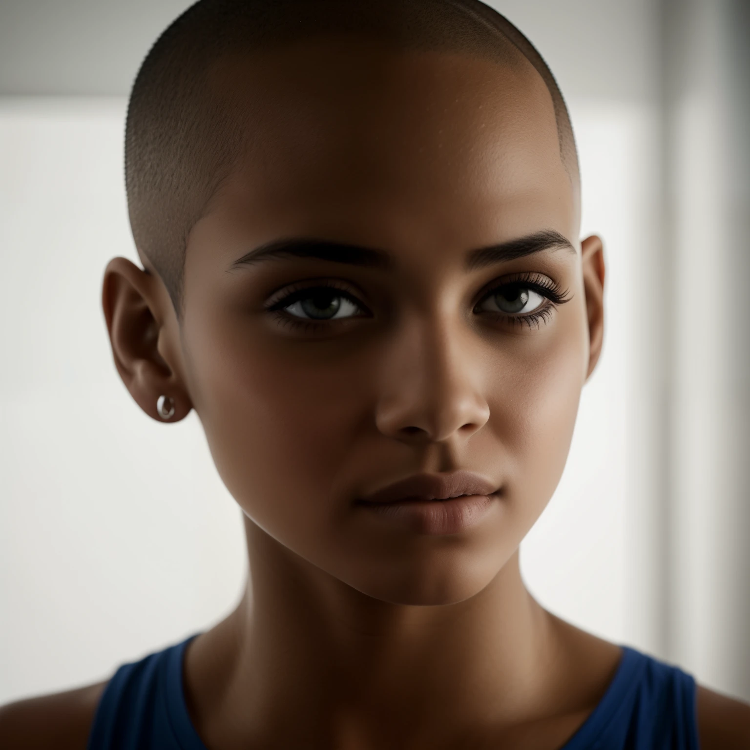 A 13-year-old girl with a bald head, ((peluda)), ((realista)), ((centrada)), front view, clear focus, volumeric lighting, high contrast, detailed, bald head portrait, SFW, cinematic, dramatic, highest quality, photographic affinity, PhotoDirector 365.

Bald girl, 13 years old, ((sin pelo)), ((detallada)), ((natural light)), ((clara fetura)), ((mirada directa)), ((cuerpo delgado)), wearing a simple white t-shirt, ((ropa sencilla)), no accessories, minimalistic, heartfelt expression, innocent, expressive eyes, black and