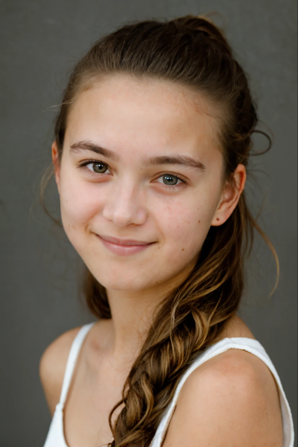 8k, masterpiece, photorealistic:1.37, 1girl looking into camera, front detailed portrait, young Norwegian teenage girl, ((14 yround eyes, birthmark:1.3, atelier photo on neutral background, smile:1.6, no-makeup, extremely detailed skin, extremely detailed eyes:1.8, detailed hair, blurred background