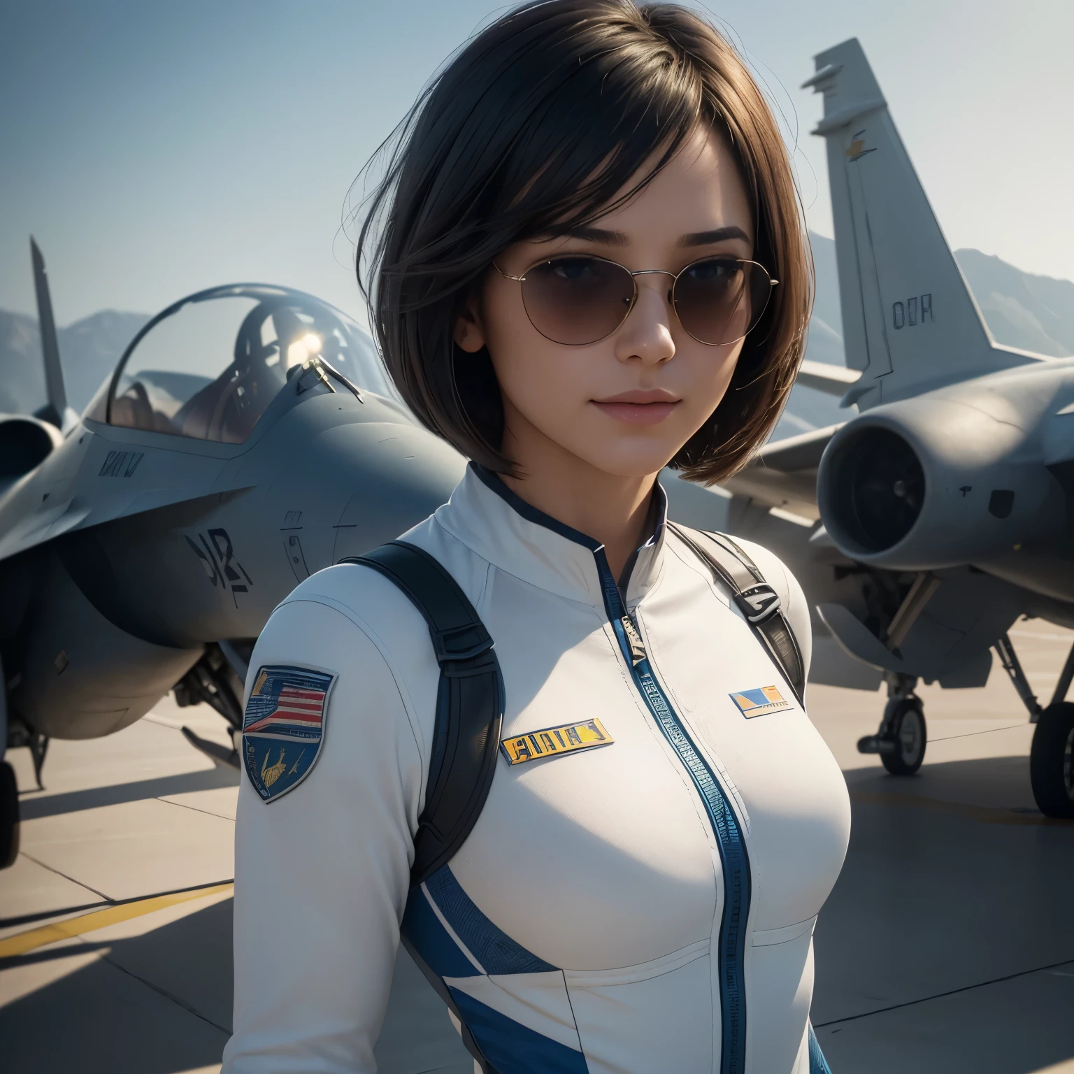 (a beautiful girl:1.1,subtle smile:1.1,sexy bobcut hairdress:1.1,perfect body:1.1,blue sunglasses:1.1,white tshirt:fighter suit,boots,fighter jet hangar,airforce base),(best quality:1.2,4k,8k,highres,masterpiece:1.2),ultra-detailed,(realistic,photorealistic,photo-realistic:1.37),HDR,UHD,studio lighting,ultra-fine painting,sharp focus,physically-based rendering,extreme detail description,professional,vivid colors,bokeh,portraits,landscape,aviation photography,concept artists,warm tone,subtle lighting