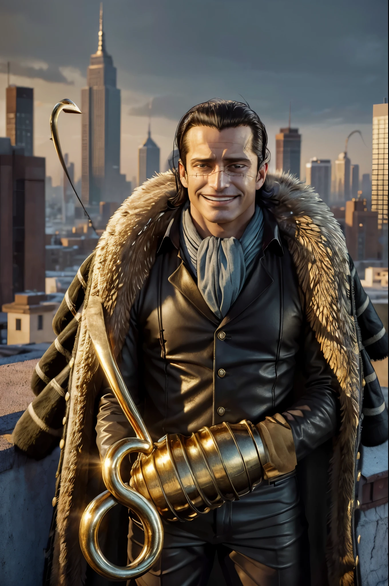 masterpiece, best quality, extremely detailed, hyperrealistic, photorealistic, a cool 40s man, ultra detailed face:1.2, fur-trimmed coat, scarf around the neck, his left hand is a golden pirate hook:1.1, cigar, city, in the night, nightmarish, mystical fog, smoke, outraged