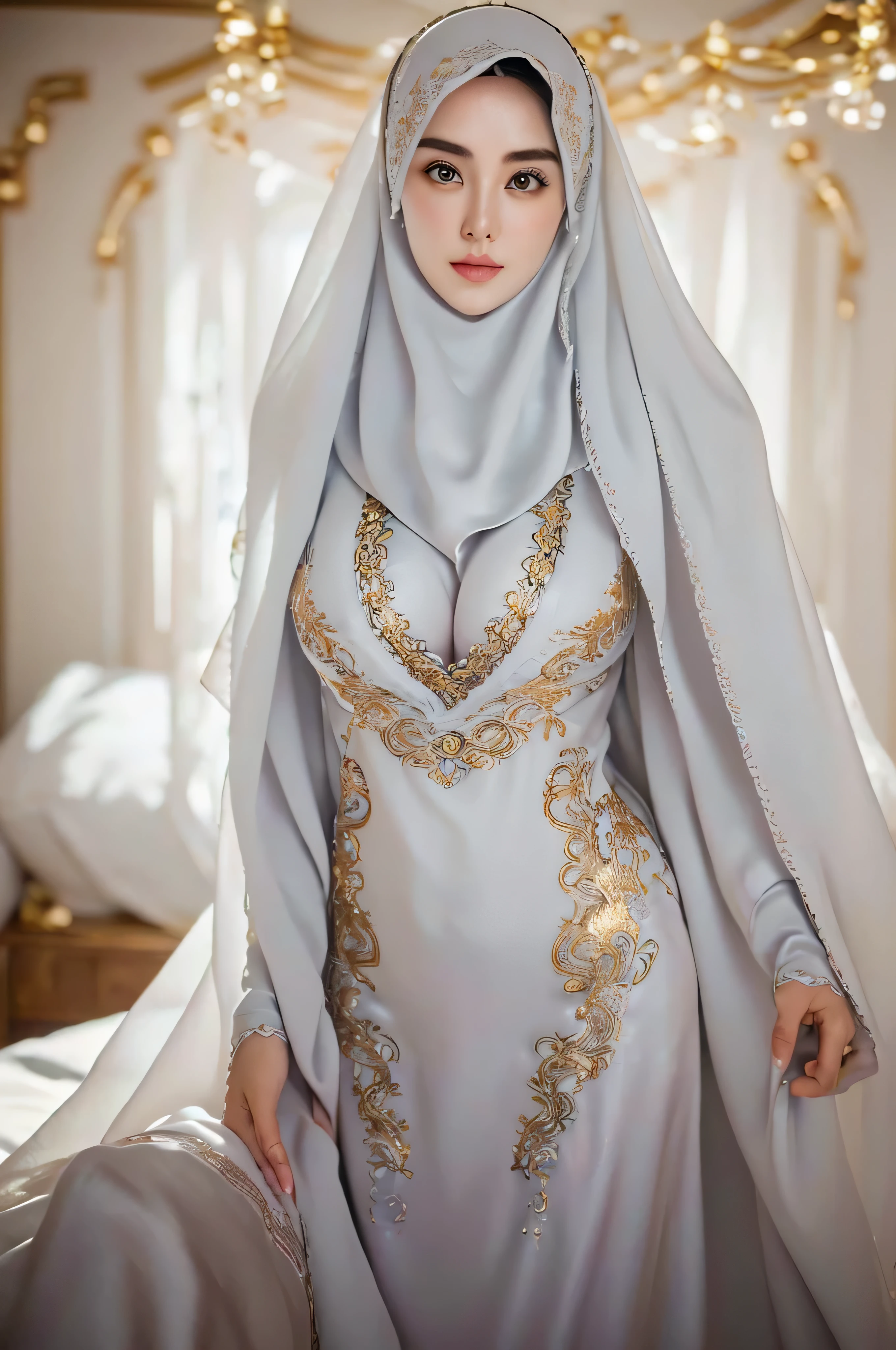 Marian Rivera, 30 years old , ((big breast:1.4)), full body shot, lying on bed beautiful young lady, Nikon Z 85mm, ((best quality)) ((masterpiece)), intricate detail, sharp focus, professional, realistic, real life, hyperreal, photorealistic, fine detail, best quality, very Detailed CG unity 8k wallpaper, perfect artwork, Full body, shiny hair, glowing eyes, shiny skin, realistic, perfect female hourglass figure, thin waist, wide buttocks, looking at viewer, extremely delicate and beautiful, best quality, beautiful detail girl, beautiful eye detail, face lighting, film lighting, perspective, revealing buttocks, perfect collarbone, golden ratio face, realistic facial expression, (exquisite detail, makeup, (exquisite beautiful exquisite face, delicate and beautiful eyes, a face with perfect proportions, high-detailed skin,((wearing silk silver white grey embrodery long closed Aodai with closed hijab)), ((gold embrodery detailed clothes)), luxury hotel bedroom.