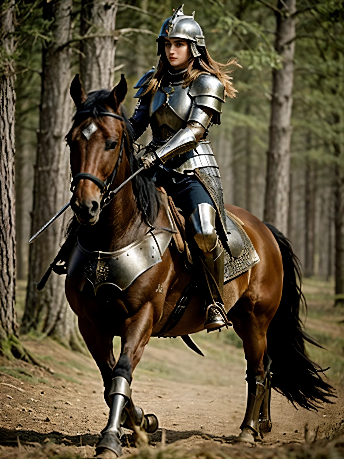 Arafed woman in armor rides a horse in a forest, Ana de Armas als Jeanne d'Arc, Emma Watson als Ritter, of a beautiful knight, beautiful knight, imogen poots as a paladin, girl in knight armor, Olivia, ich beschuldige Winter Mylady, imogen poots as a d&d Paladin